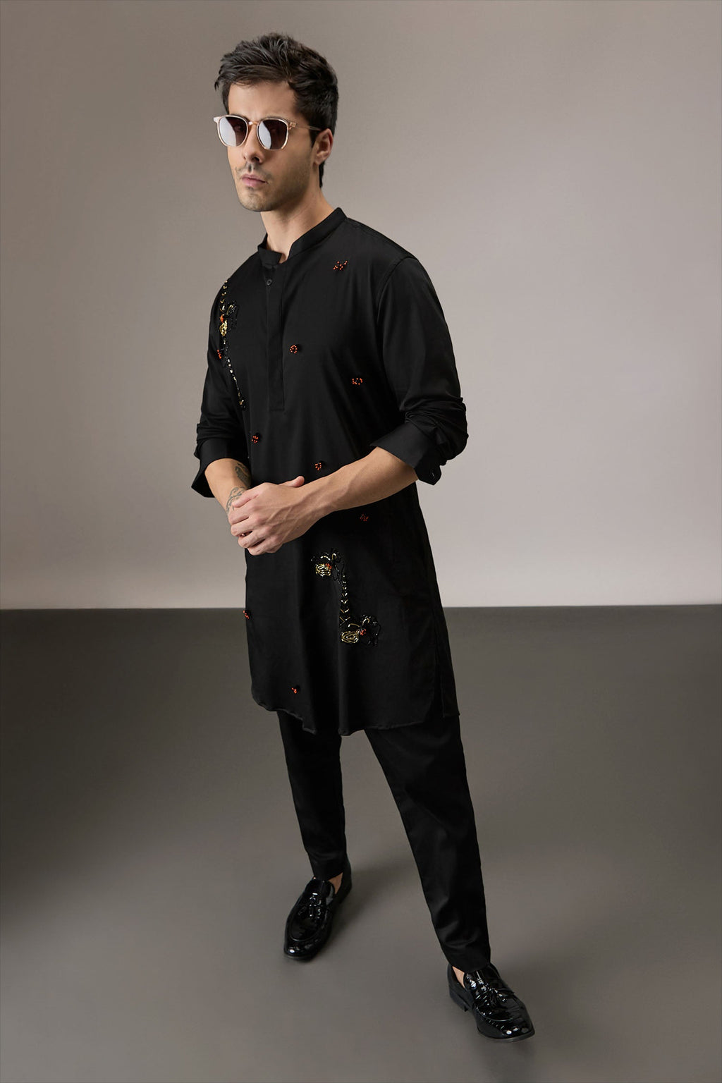 Lush All-over(Floral) - Hand Embroidered Designer Kurta - Black