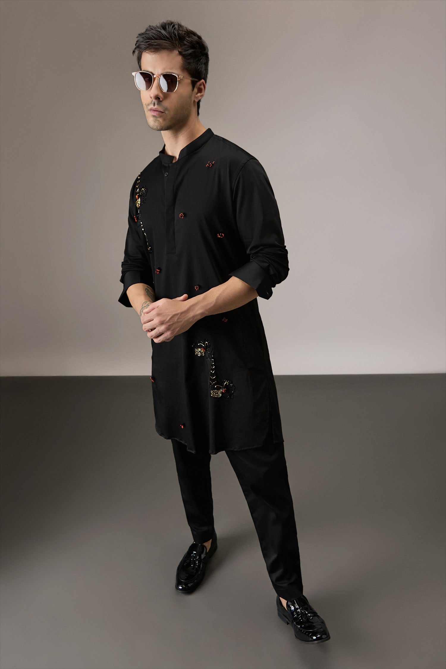 Lush All-over(Floral) - Hand Embroidered Designer Kurta - Black