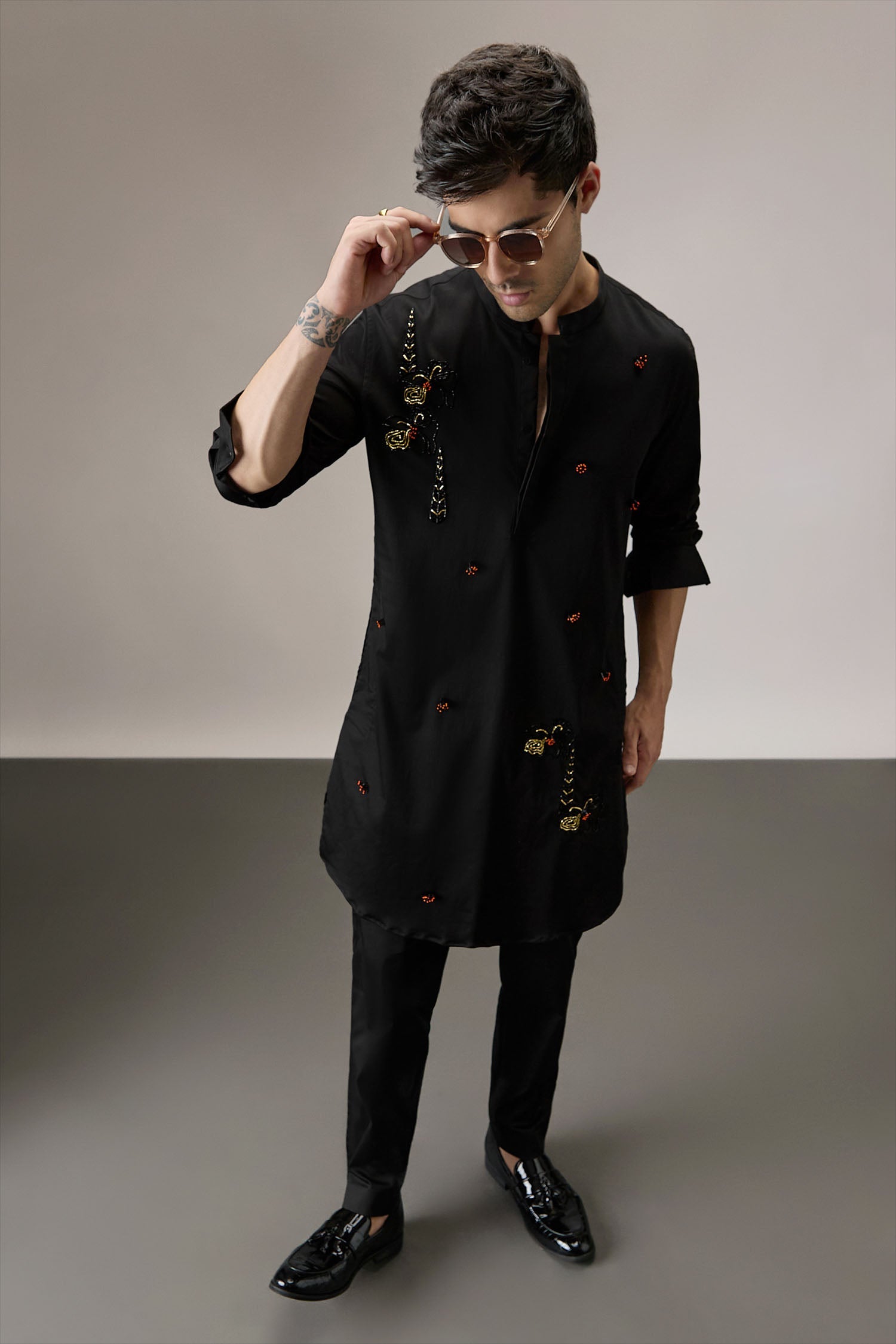 Lush All-over(Floral) - Hand Embroidered Designer Kurta - Black