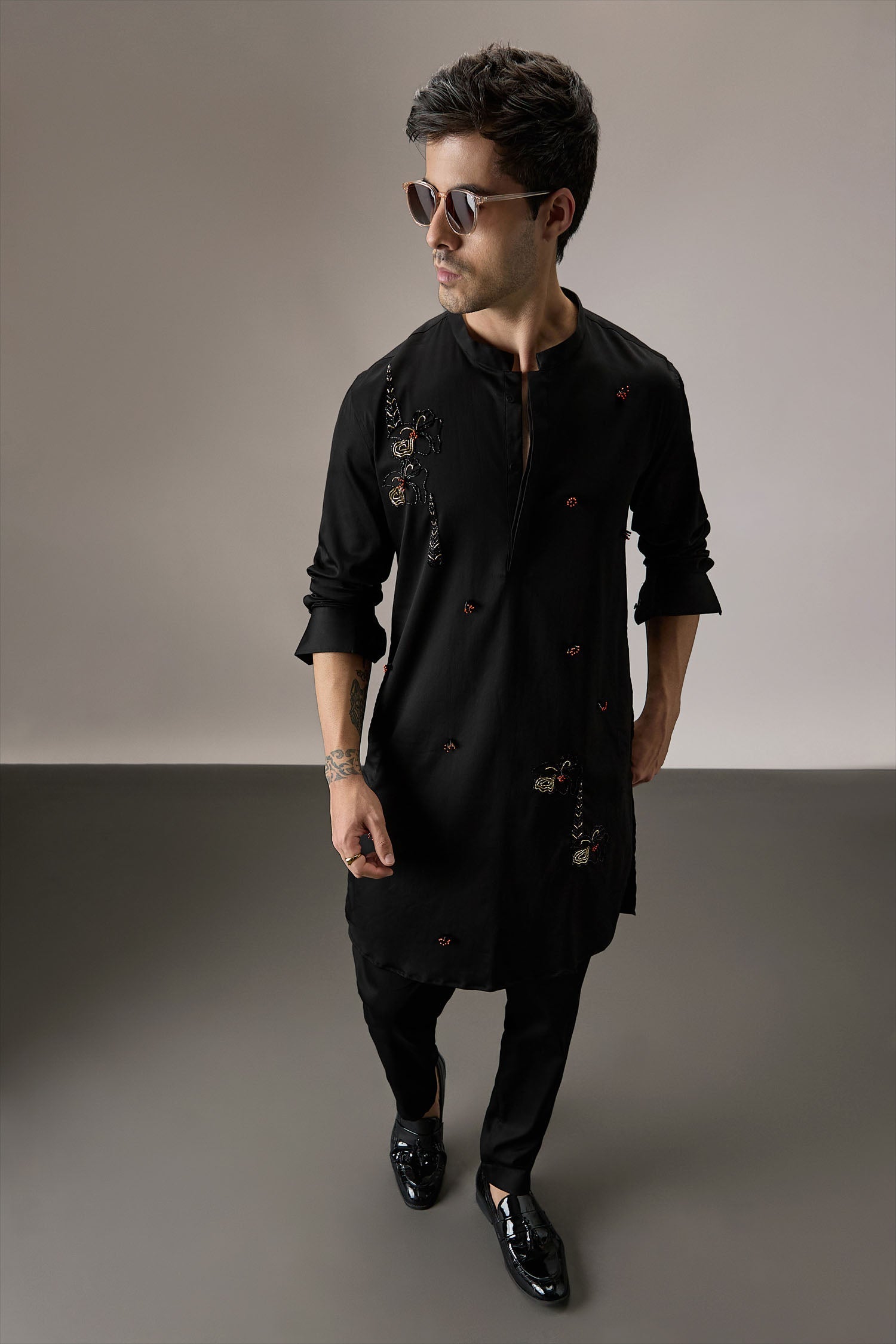 Lush All-over(Floral) - Hand Embroidered Designer Kurta - Black