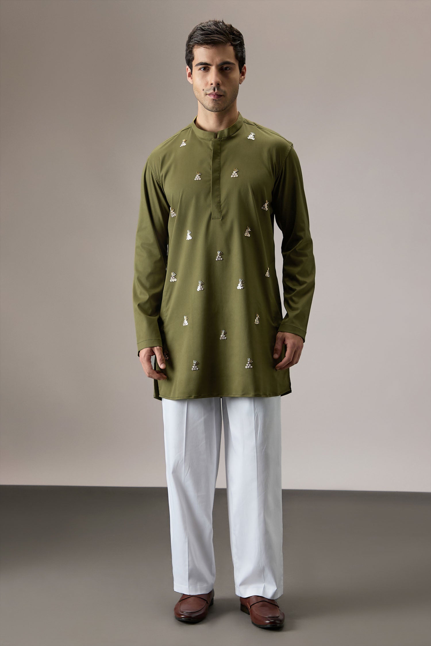 Tinsel(All Over) - Hand Embroidered Designer Kurta - Olive