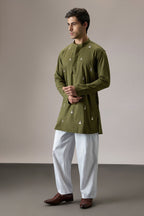 Tinsel(All Over) - Hand Embroidered Designer Kurta - Olive
