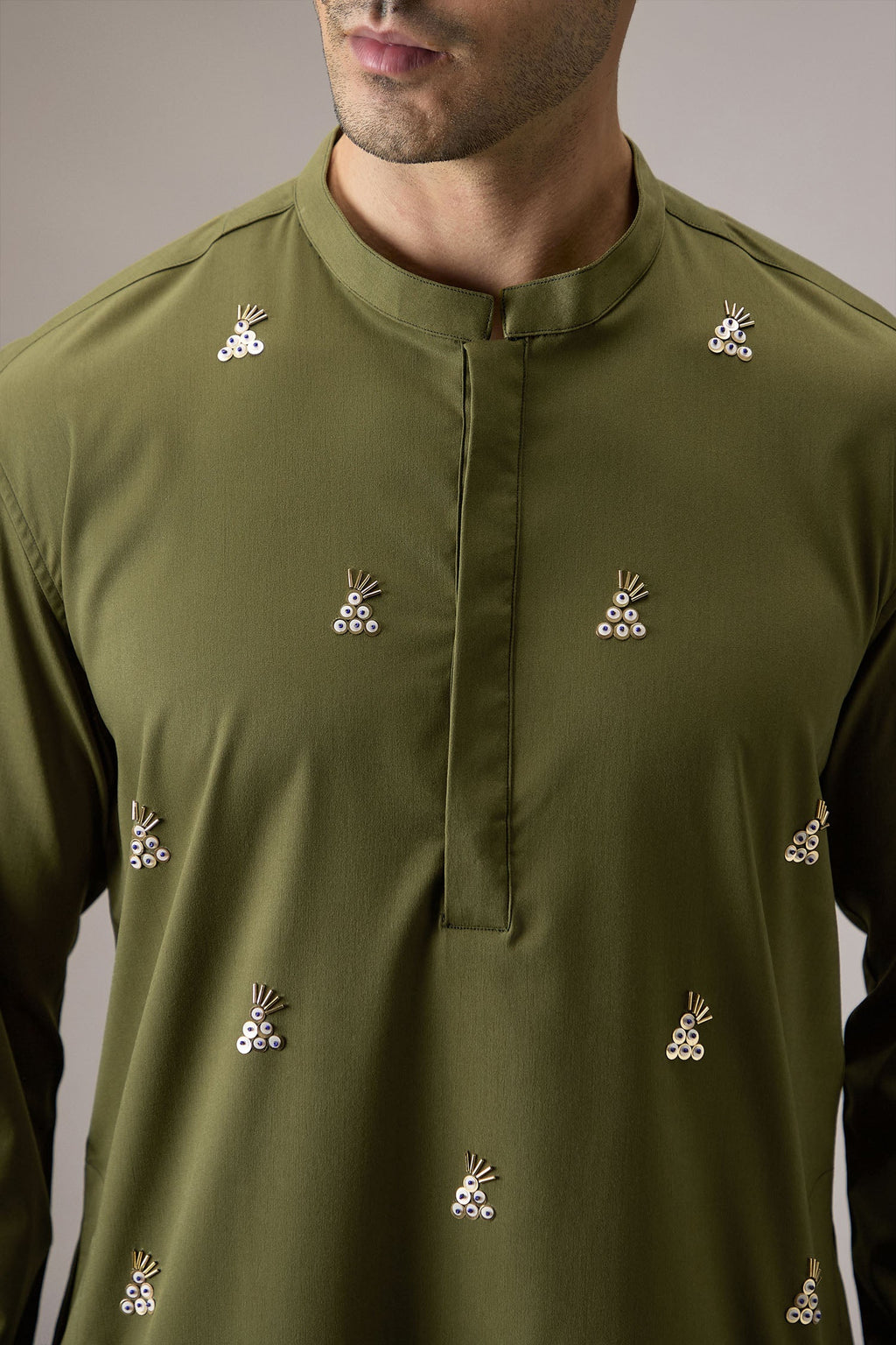 Tinsel(All Over) - Hand Embroidered Designer Kurta - Olive