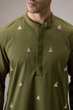 Tinsel(All Over) - Hand Embroidered Designer Kurta - Olive