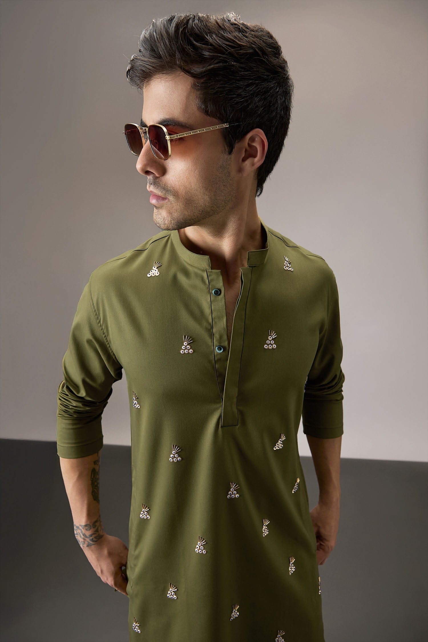 Tinsel(All Over) - Hand Embroidered Designer Kurta - Olive