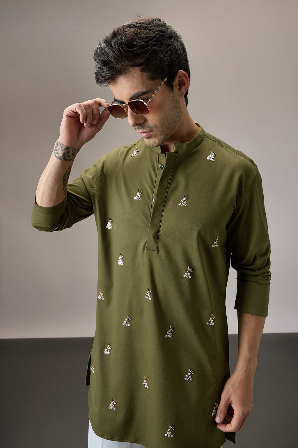 Tinsel(All Over) - Hand Embroidered Designer Kurta - Olive