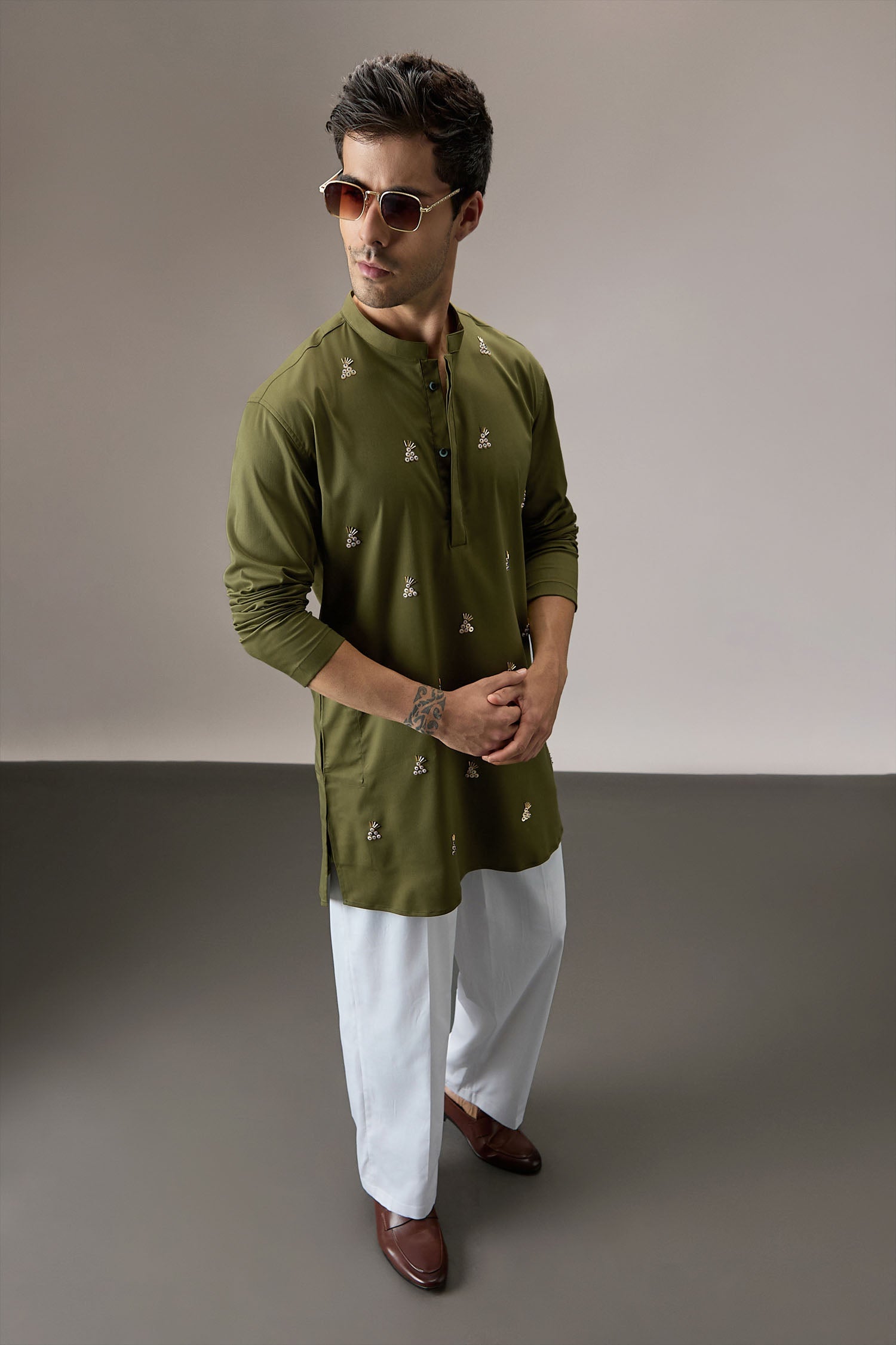 Tinsel(All Over) - Hand Embroidered Designer Kurta - Olive