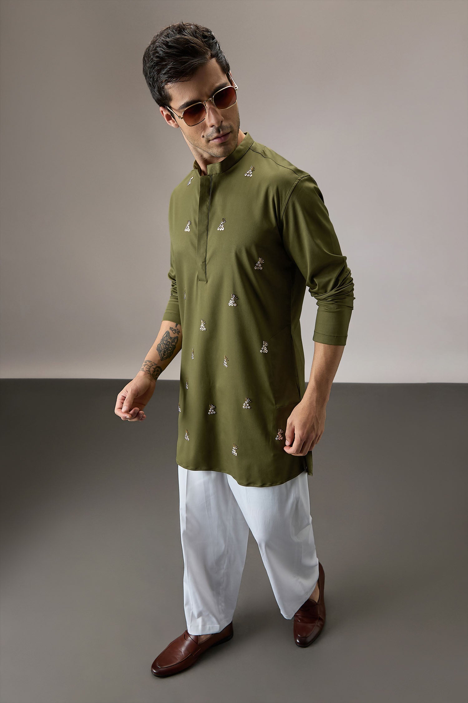 Tinsel(All Over) - Hand Embroidered Designer Kurta - Olive