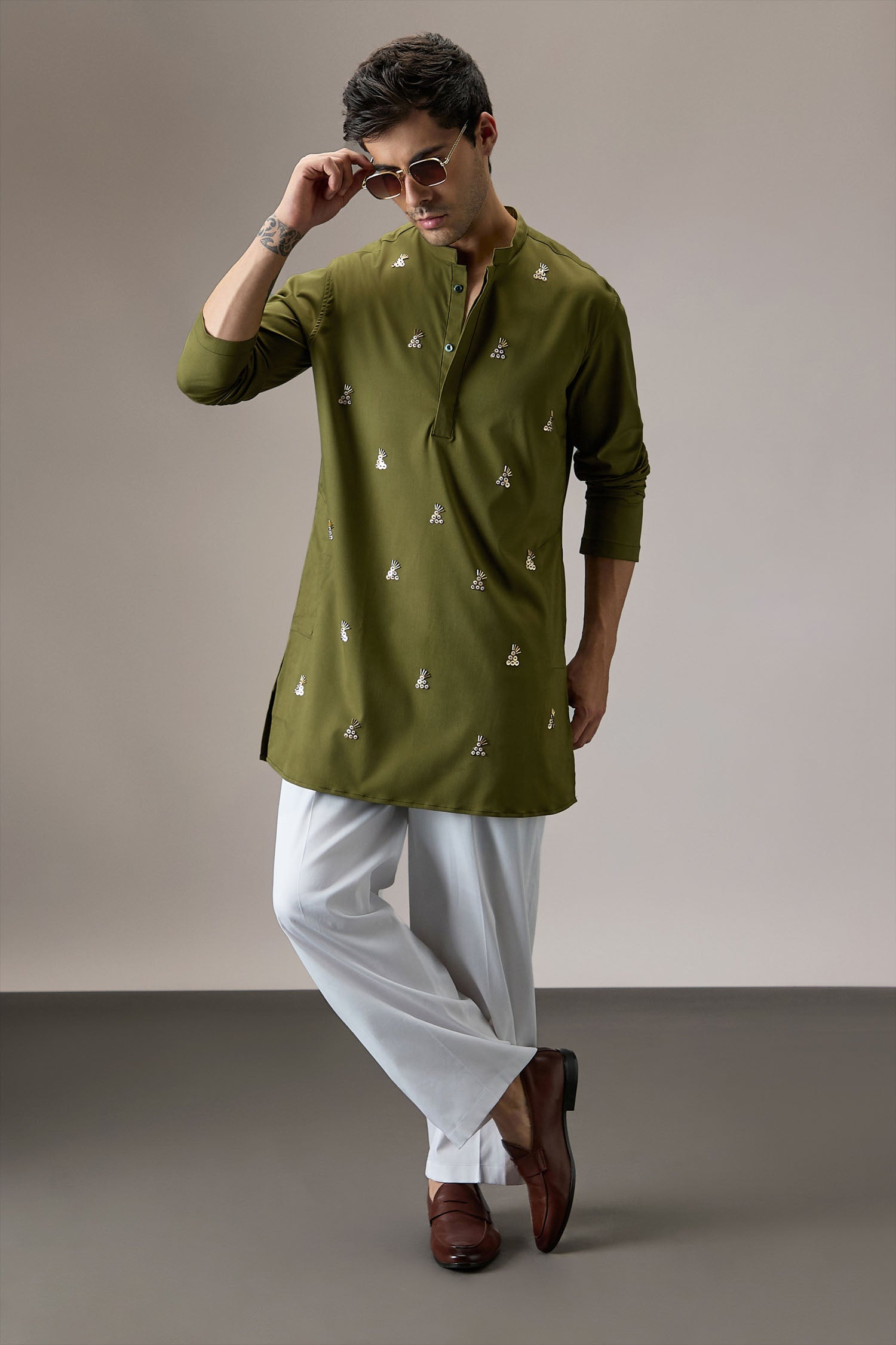 Tinsel(All Over) - Hand Embroidered Designer Kurta - Olive