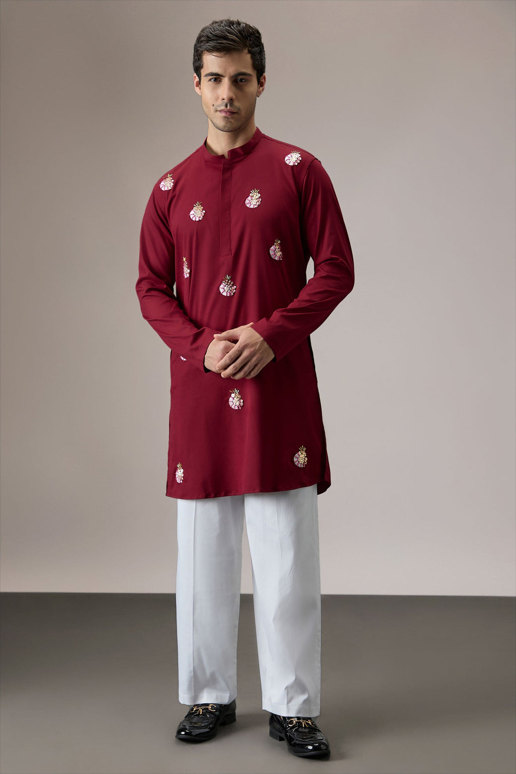 Glint (All Over) - Hand Embroidered Designer Kurta - Burgundy