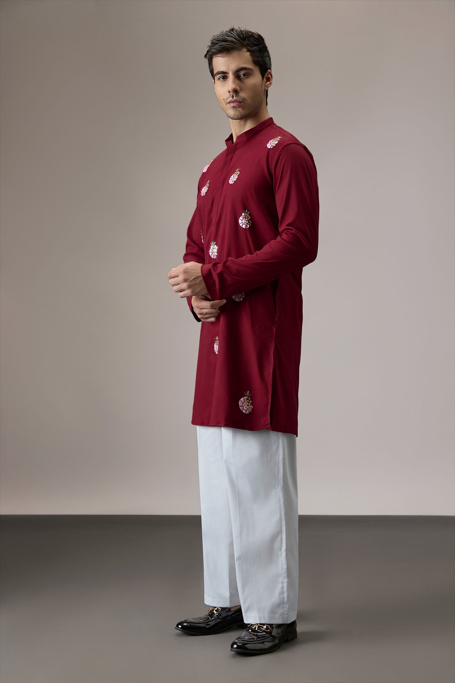 Glint (All Over) - Hand Embroidered Designer Kurta - Burgundy