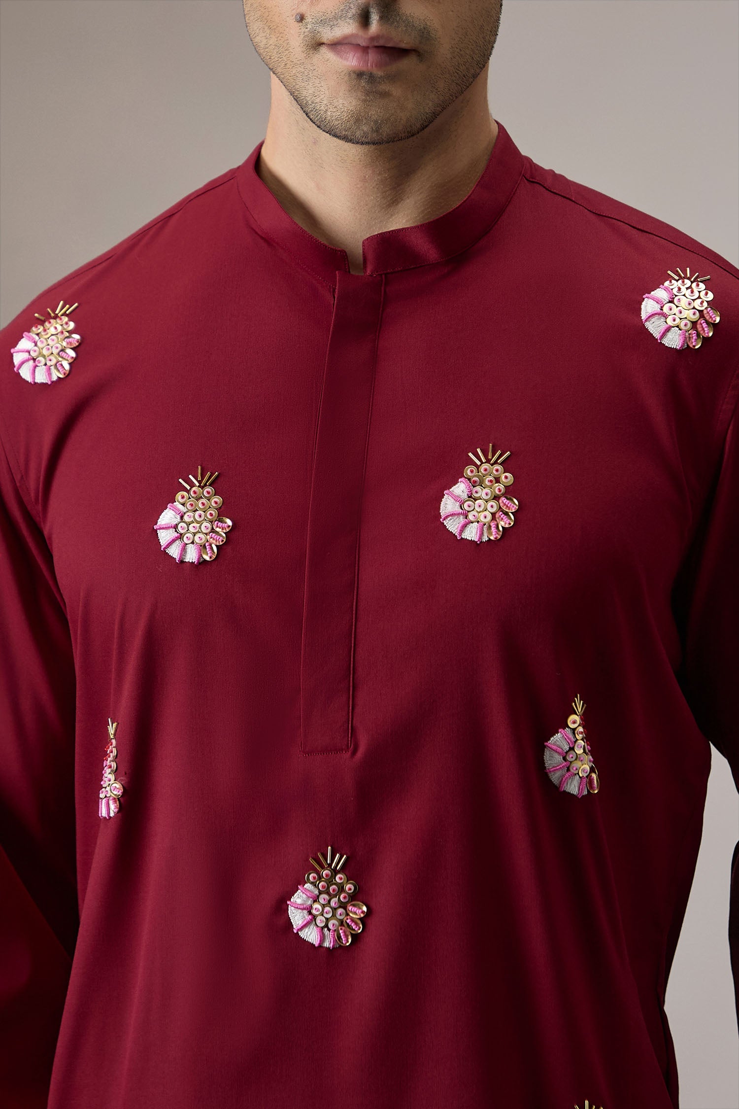 Glint (All Over) - Hand Embroidered Designer Kurta - Burgundy