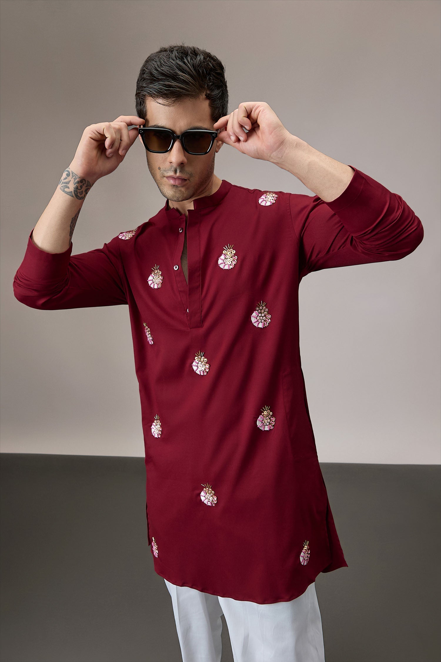 Glint (All Over) - Hand Embroidered Designer Kurta - Burgundy