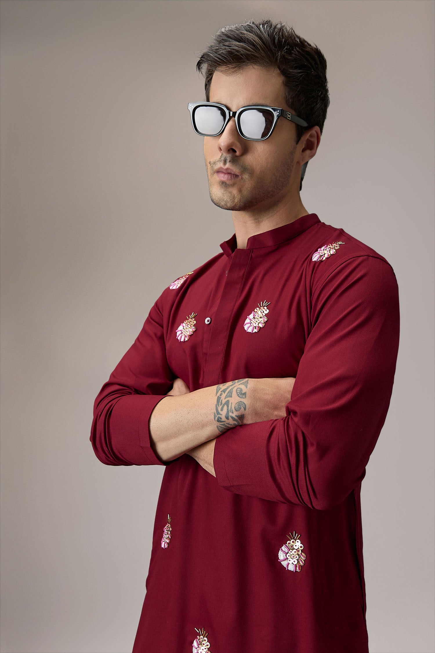Glint (All Over) - Hand Embroidered Designer Kurta - Burgundy