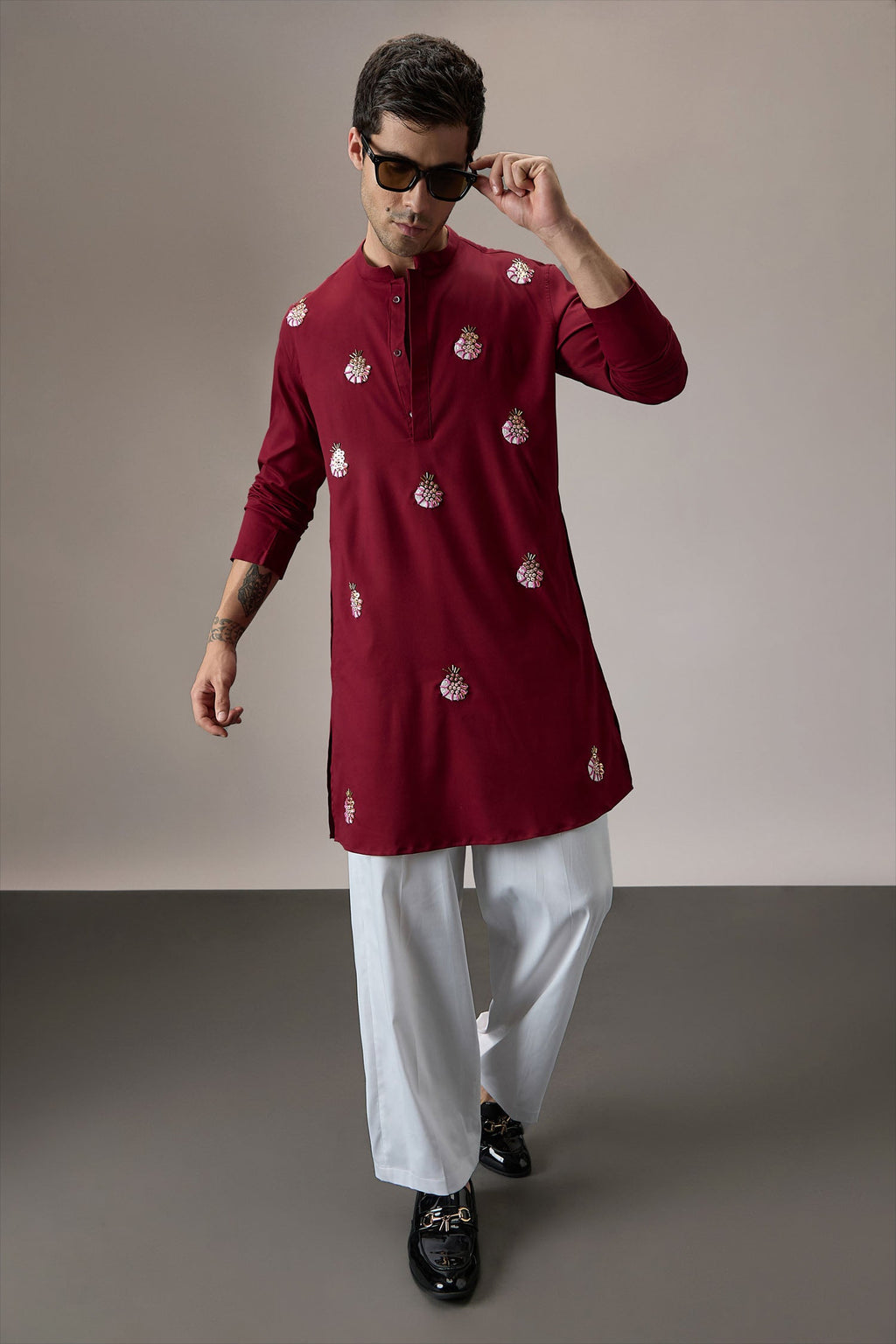 Glint (All Over) - Hand Embroidered Designer Kurta - Burgundy