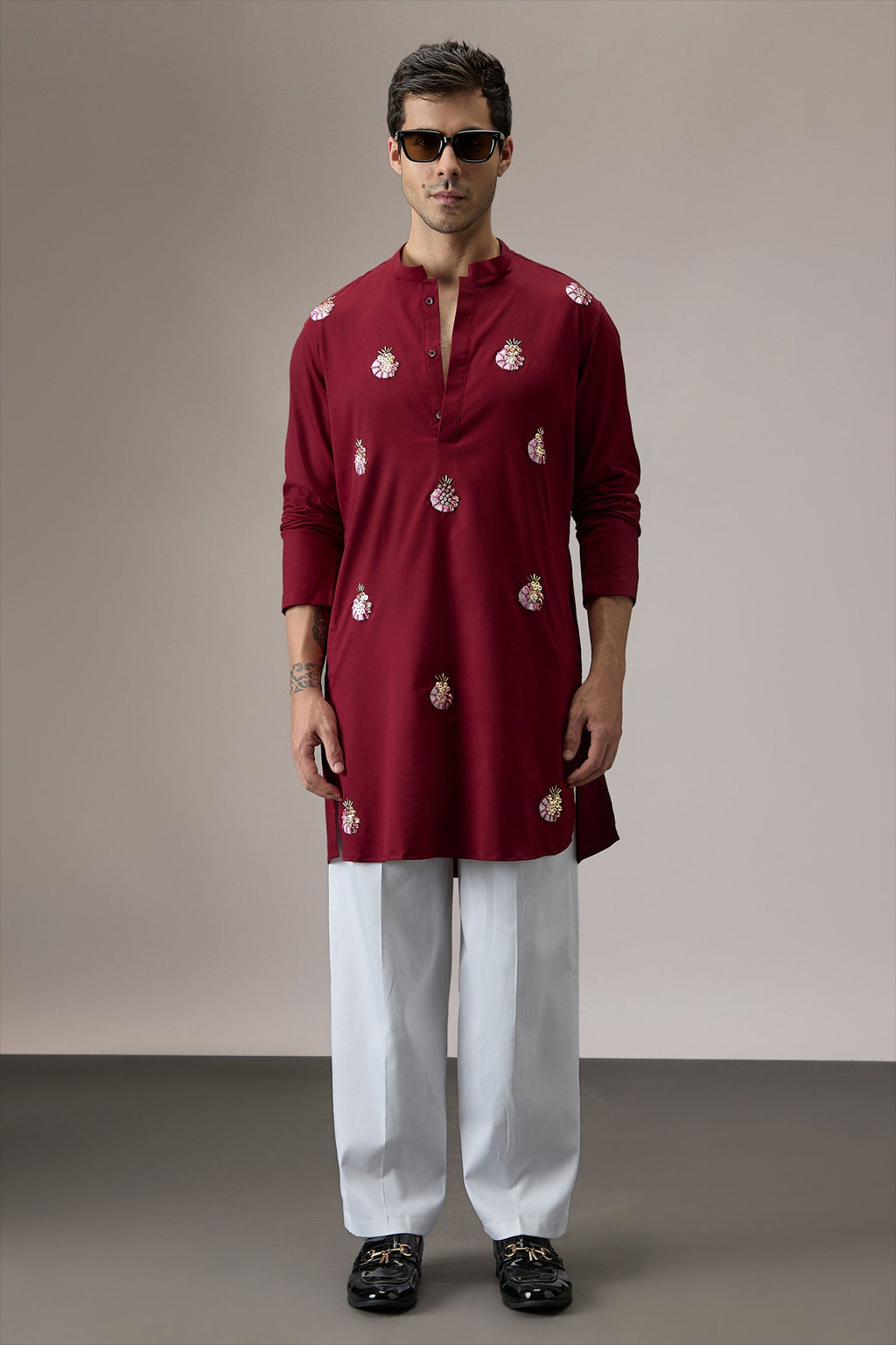 Glint (All Over) - Hand Embroidered Designer Kurta - Burgundy