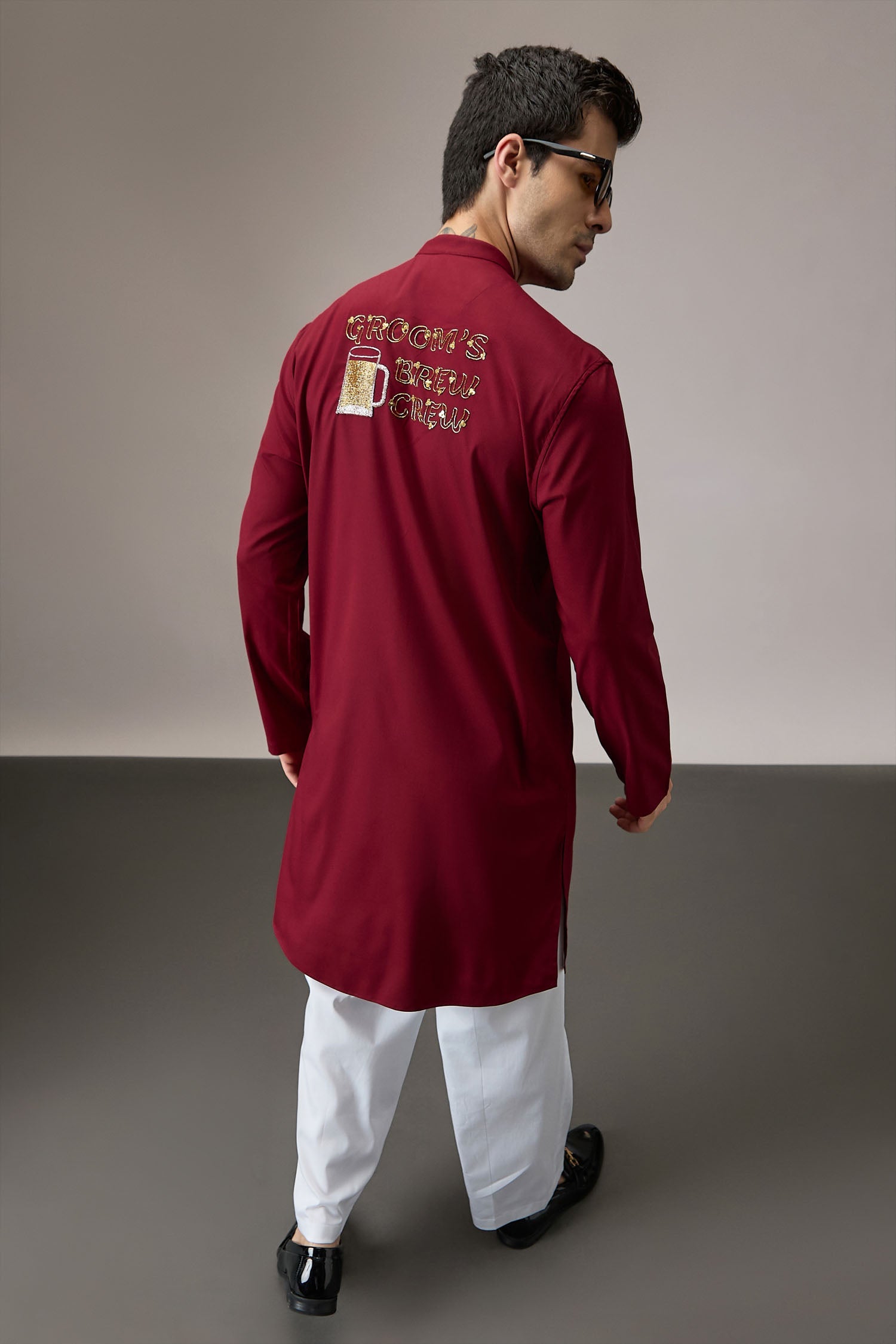 Grooms Crew - Hand Embroidered Designer Kurta - Burgundy