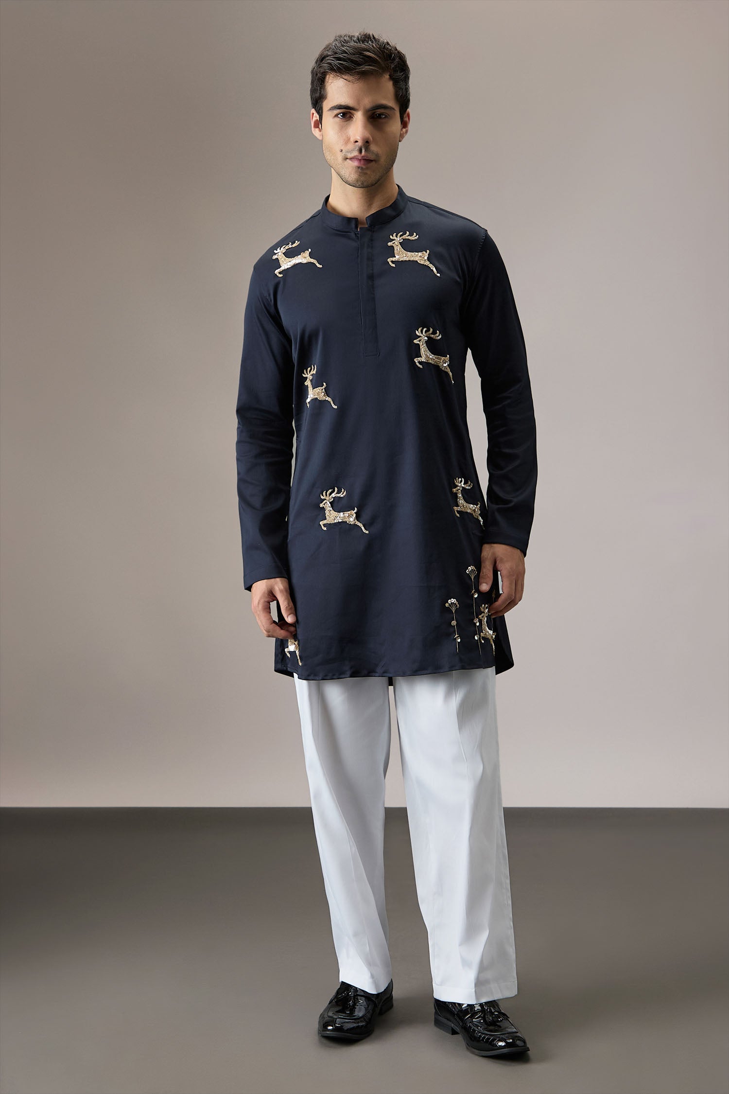 Gazelle (Deer) - Hand Embroidered Designer Kurta - Navy