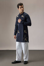 Gazelle (Deer) - Hand Embroidered Designer Kurta - Navy