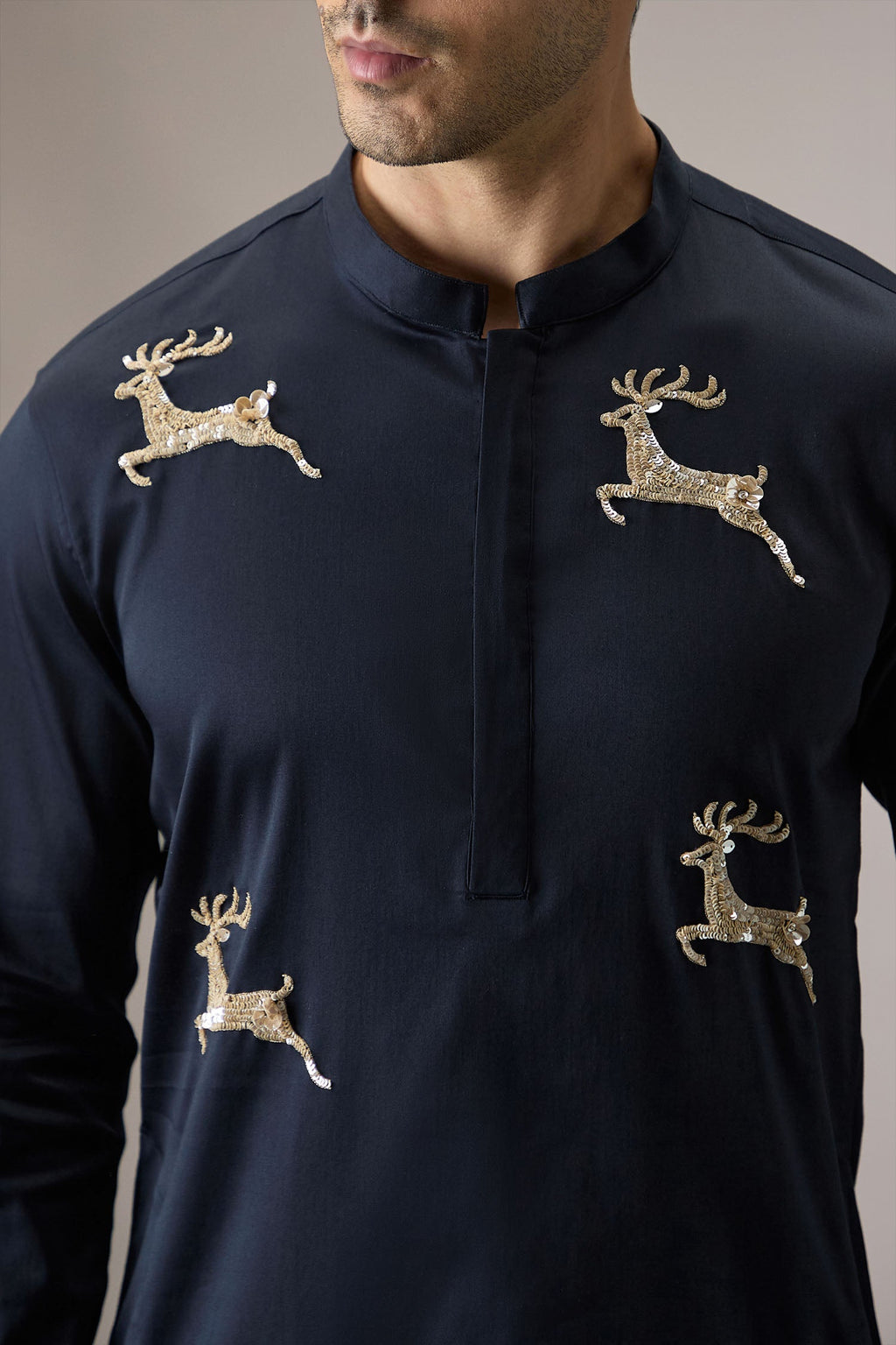 Gazelle (Deer) - Hand Embroidered Designer Kurta - Navy