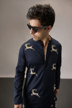 Gazelle (Deer) - Hand Embroidered Designer Kurta - Navy