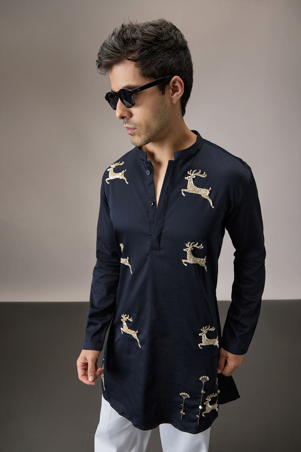 Gazelle (Deer) - Hand Embroidered Designer Kurta - Navy