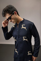 Gazelle (Deer) - Hand Embroidered Designer Kurta - Navy