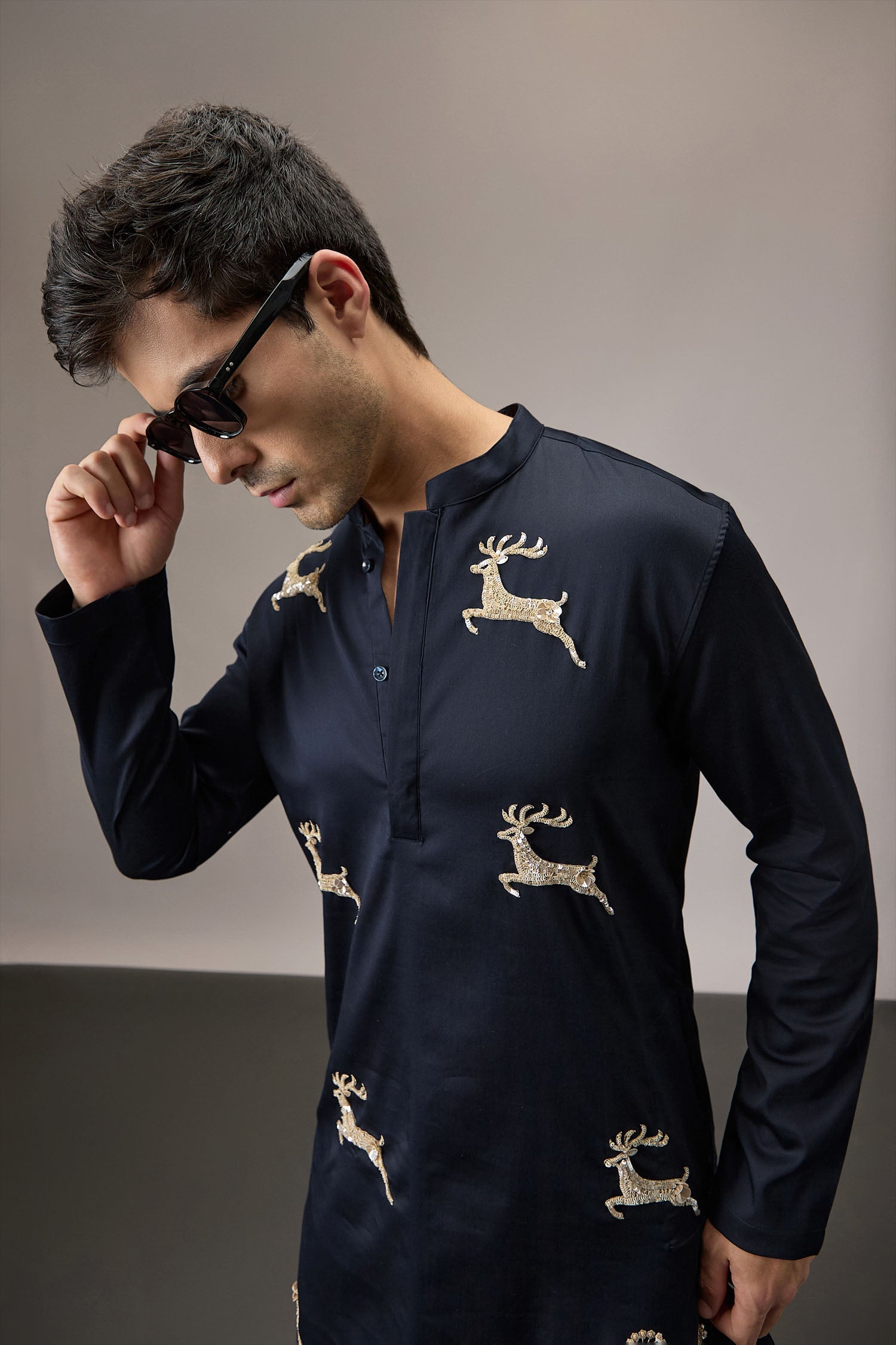 Gazelle (Deer) - Hand Embroidered Designer Kurta - Navy