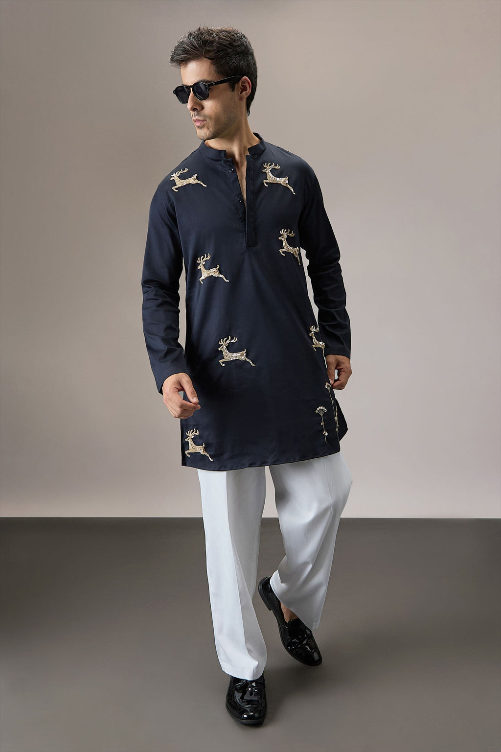 Gazelle (Deer) - Hand Embroidered Designer Kurta - Navy