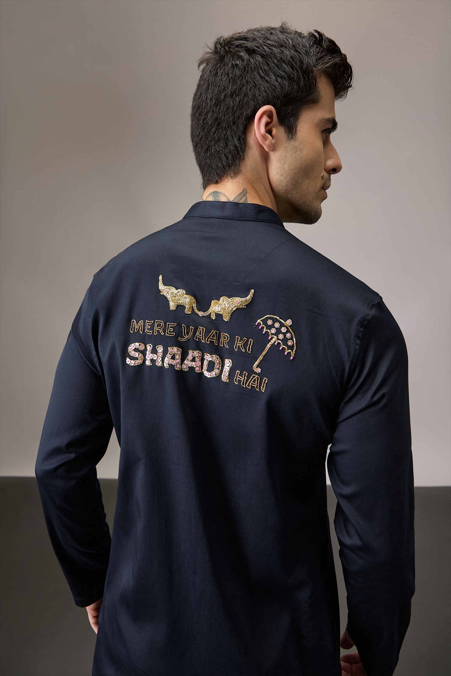 Mere Yaar Ki Shaddi Hai - Hand Embroidered Designer Kurta - Navy