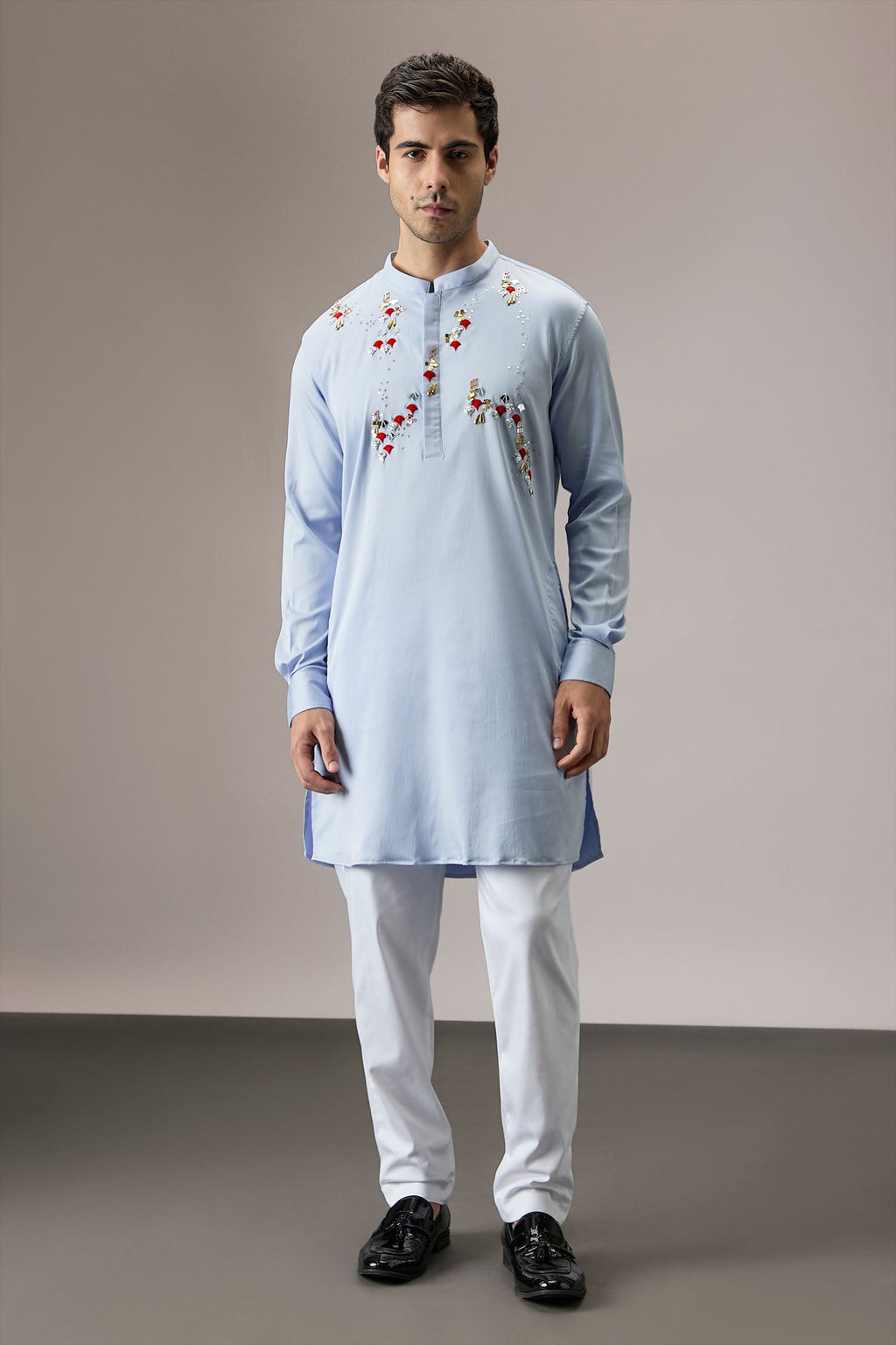 Oyna (Mirror Work )- Hand Embroidered Designer Kurta - Powder Blue