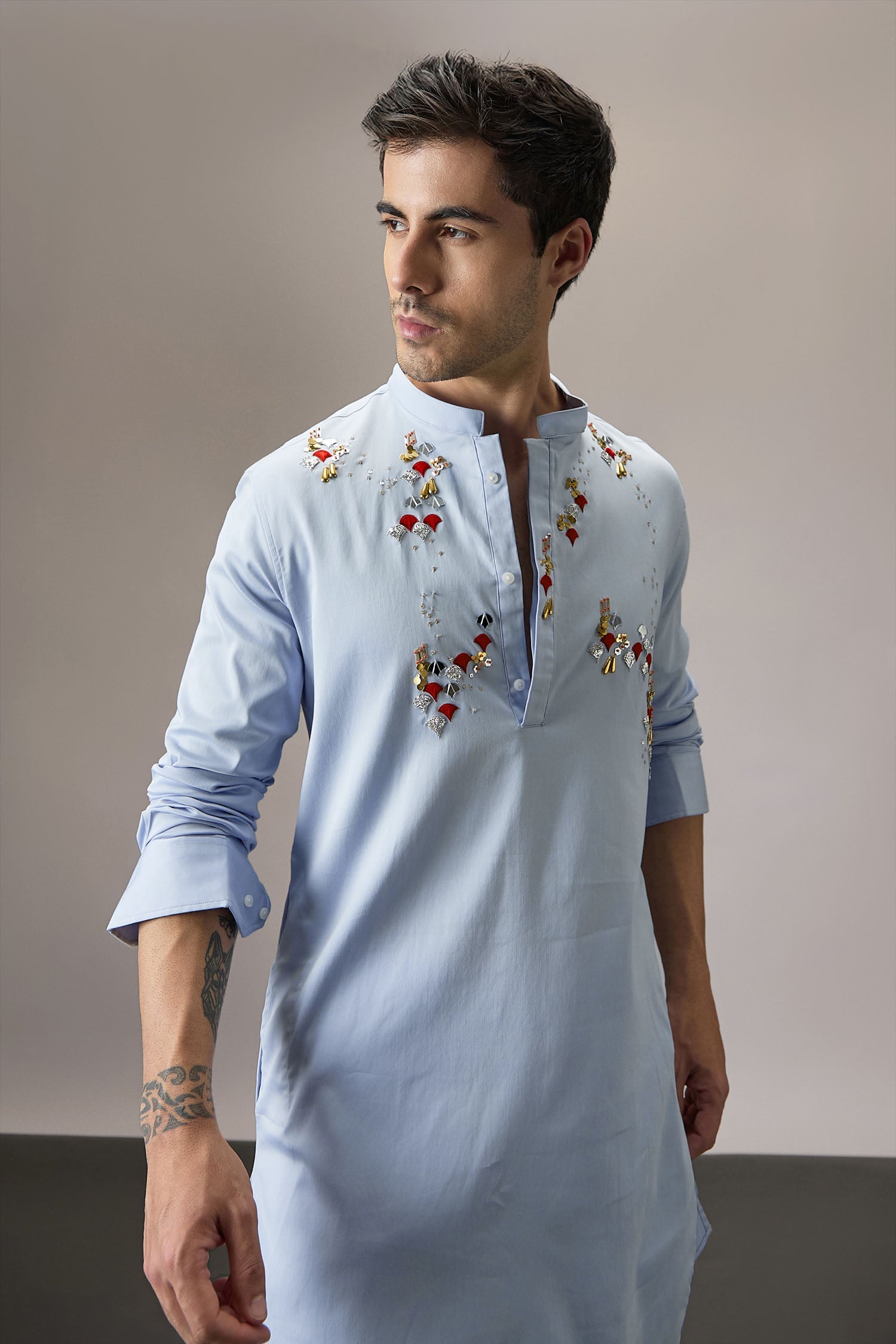 Oyna (Mirror Work )- Hand Embroidered Designer Kurta - Powder Blue