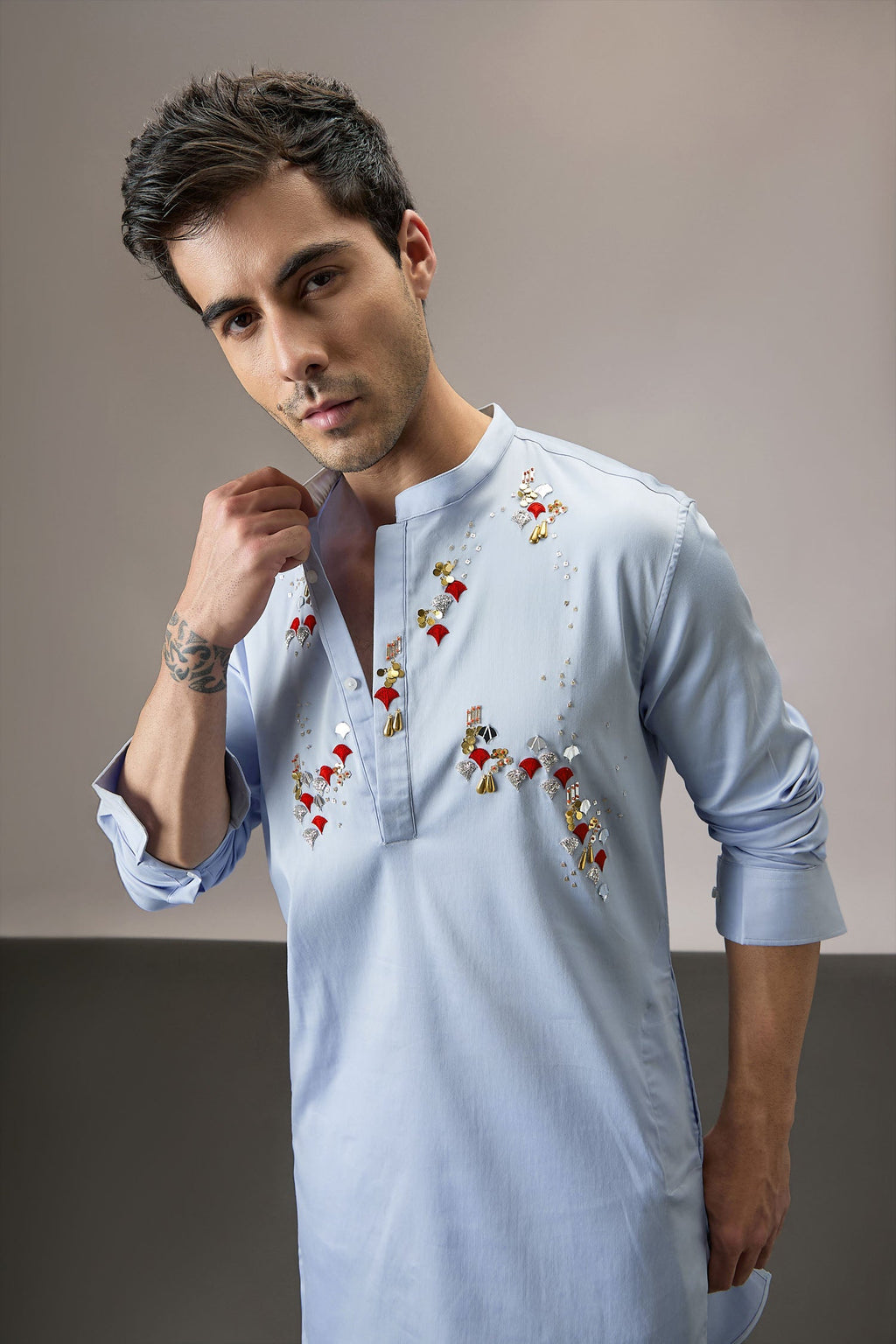 Oyna (Mirror Work )- Hand Embroidered Designer Kurta - Powder Blue