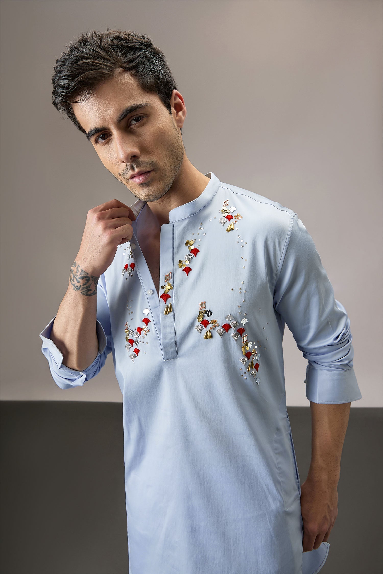 Oyna (Mirror Work )- Hand Embroidered Designer Kurta - Powder Blue