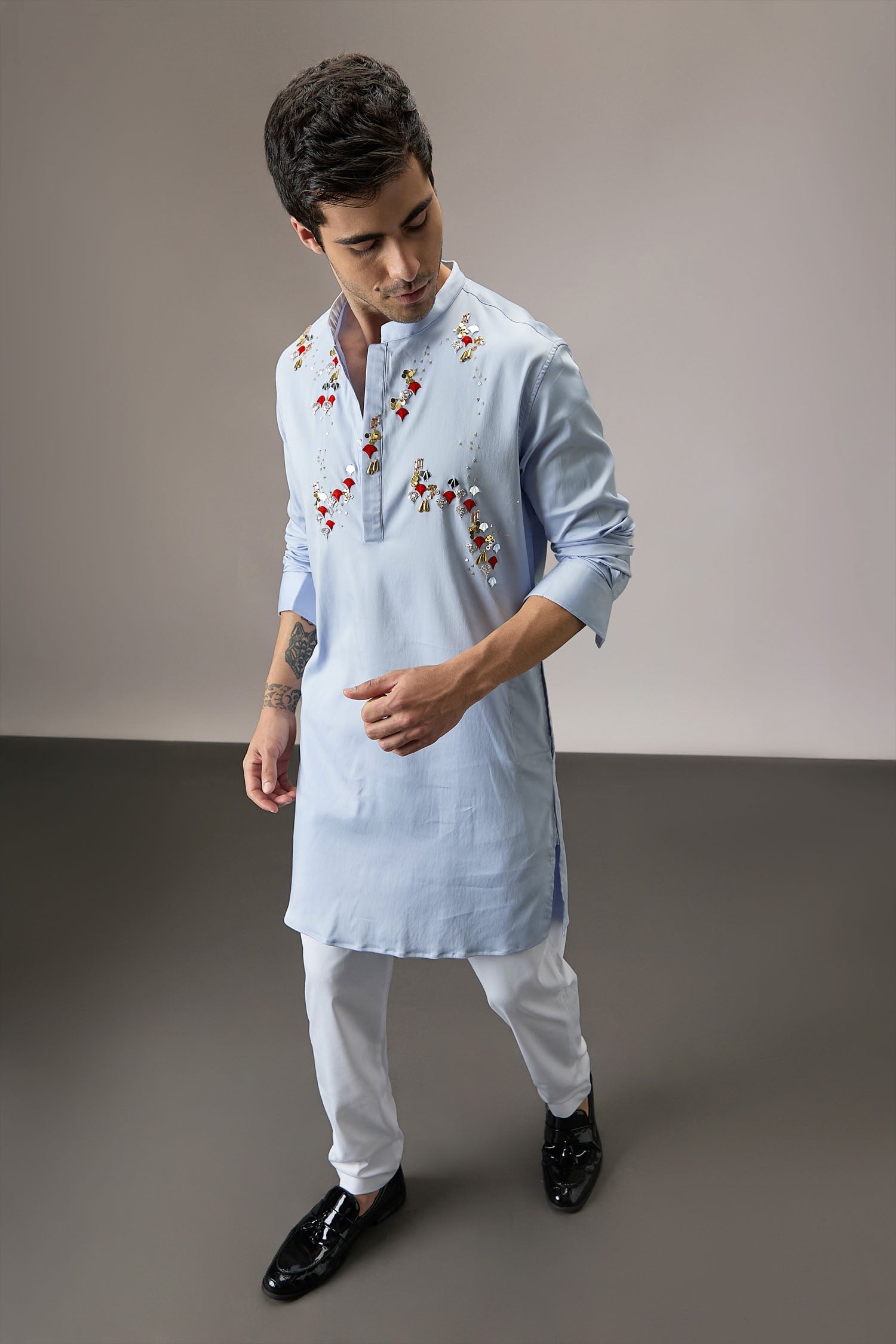 Oyna (Mirror Work )- Hand Embroidered Designer Kurta - Powder Blue