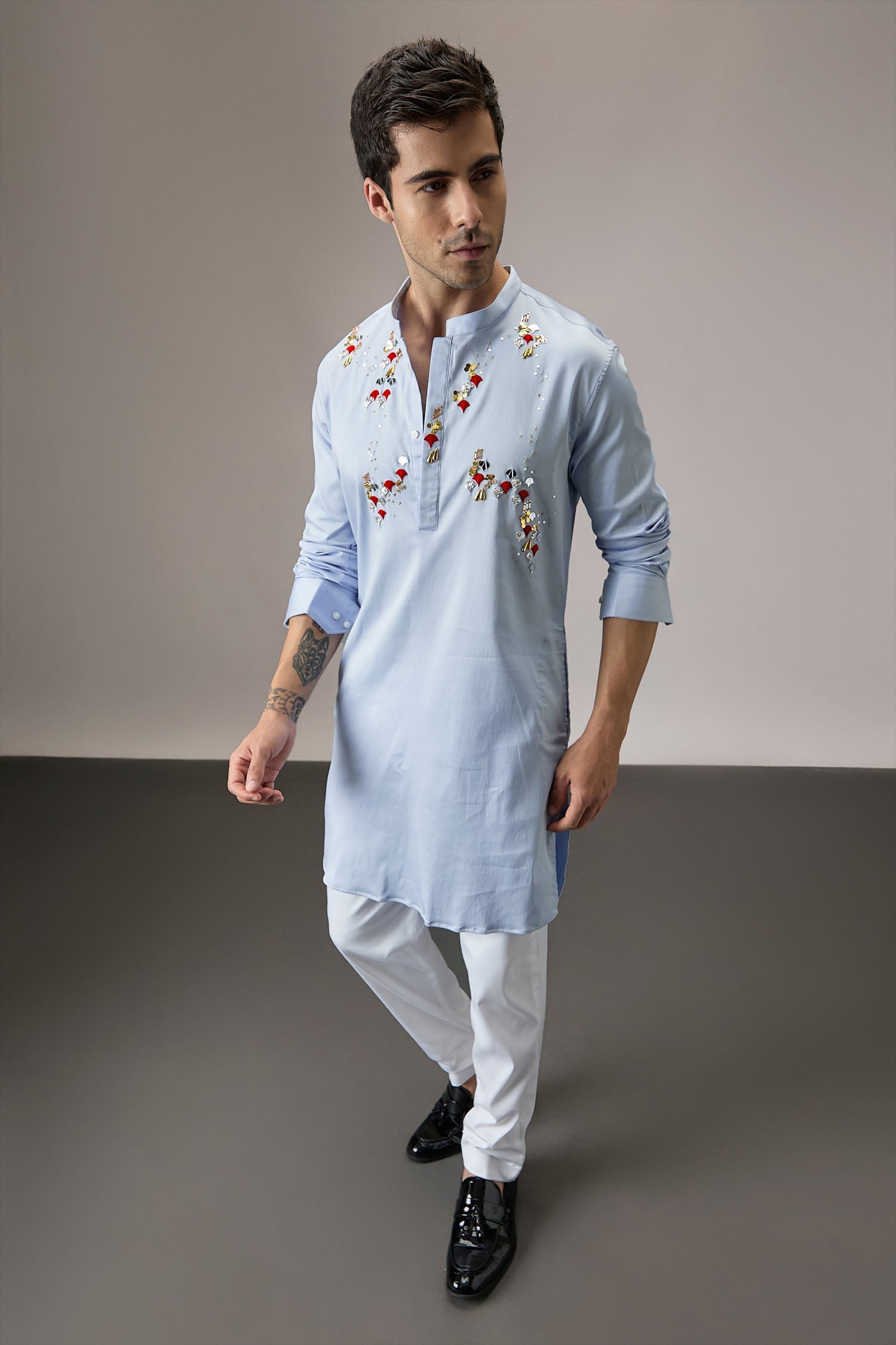 Oyna (Mirror Work )- Hand Embroidered Designer Kurta - Powder Blue