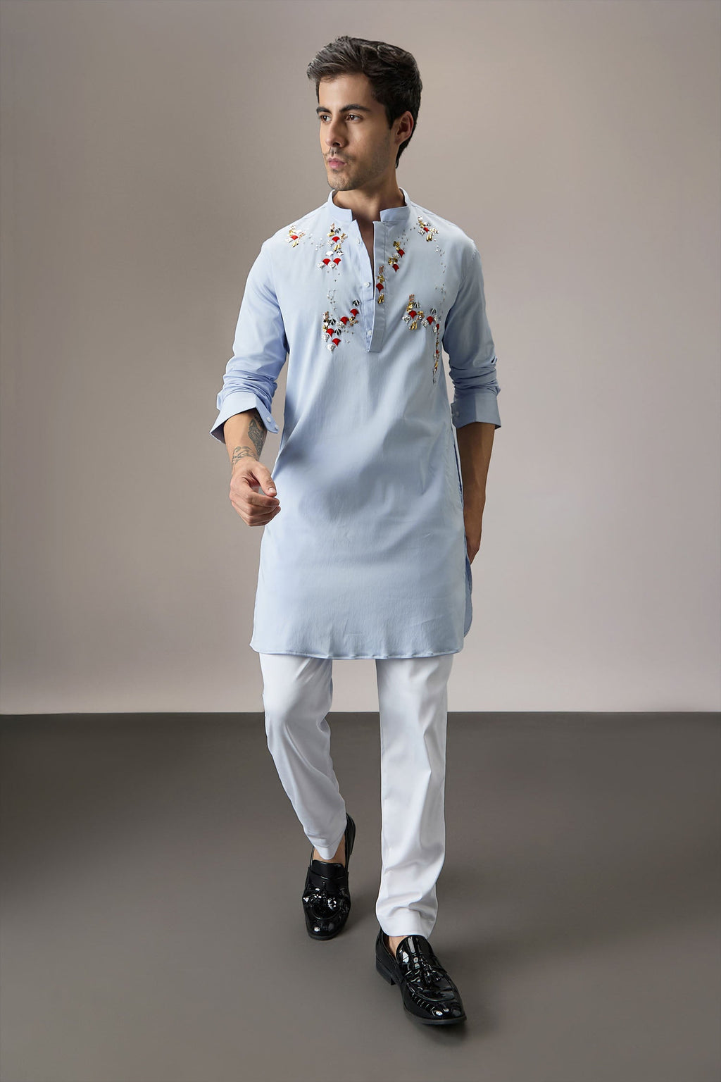 Oyna (Mirror Work )- Hand Embroidered Designer Kurta - Powder Blue