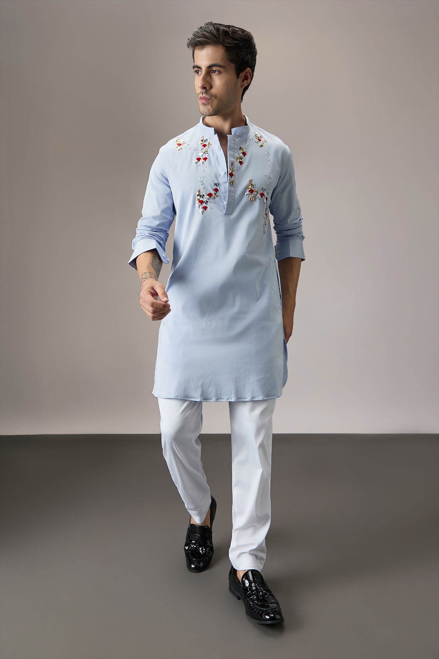 Oyna (Mirror Work )- Hand Embroidered Designer Kurta - Powder Blue
