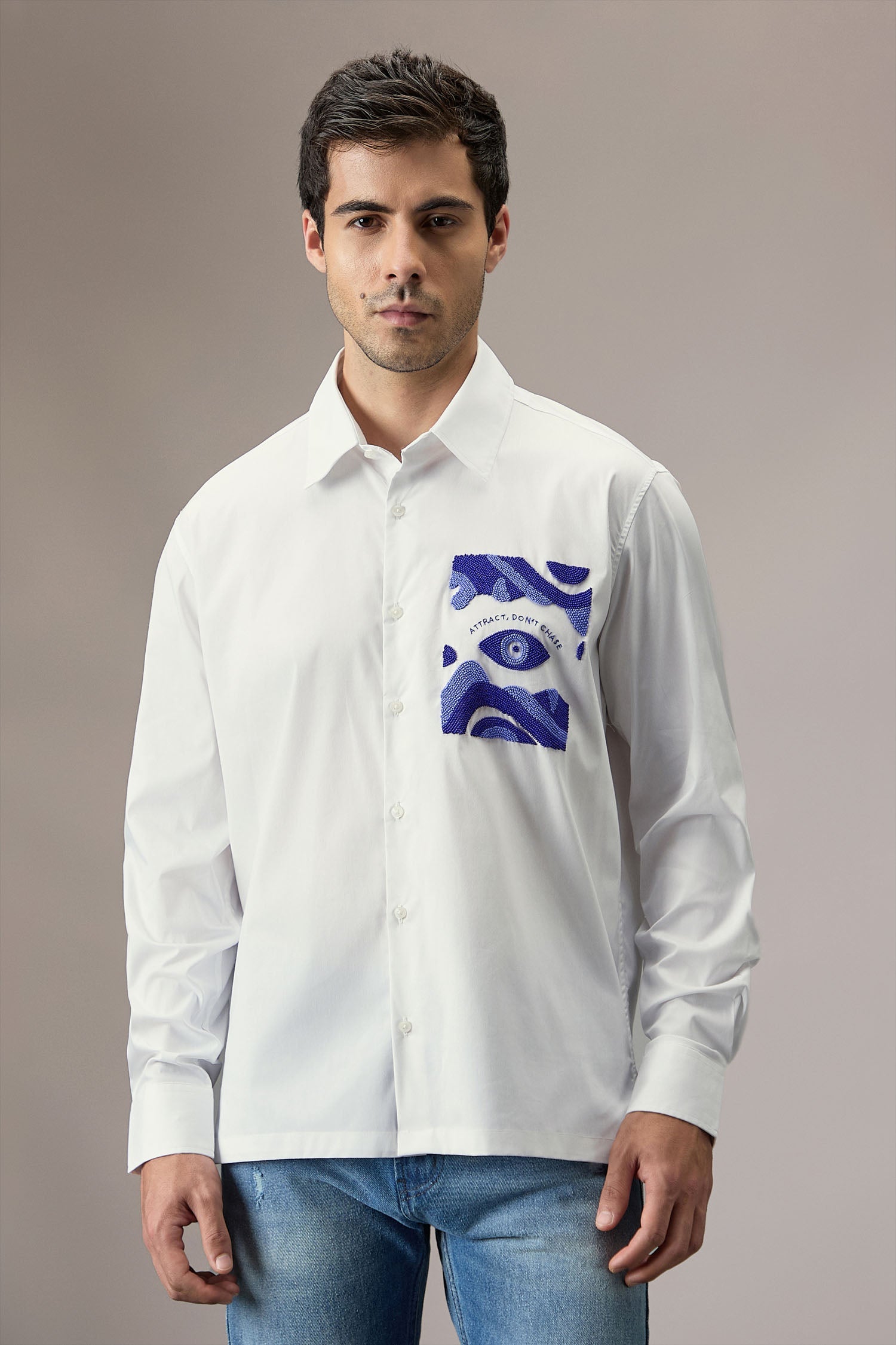 Attract Don‰۪t Chase - Hand Embroidered Designer Shirt - White