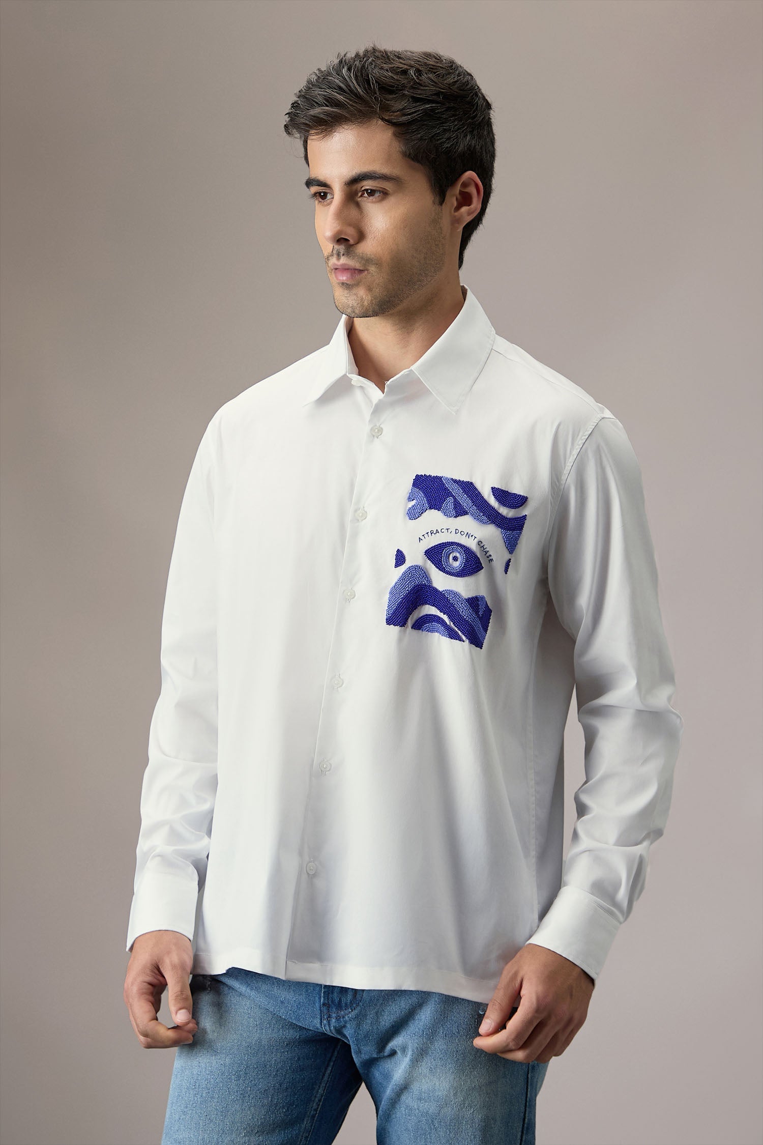 Attract Don‰۪t Chase - Hand Embroidered Designer Shirt - White