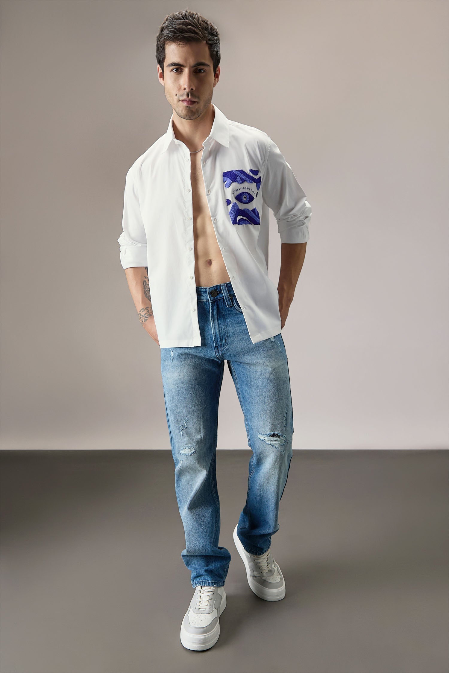 Attract Don‰۪t Chase - Hand Embroidered Designer Shirt - White