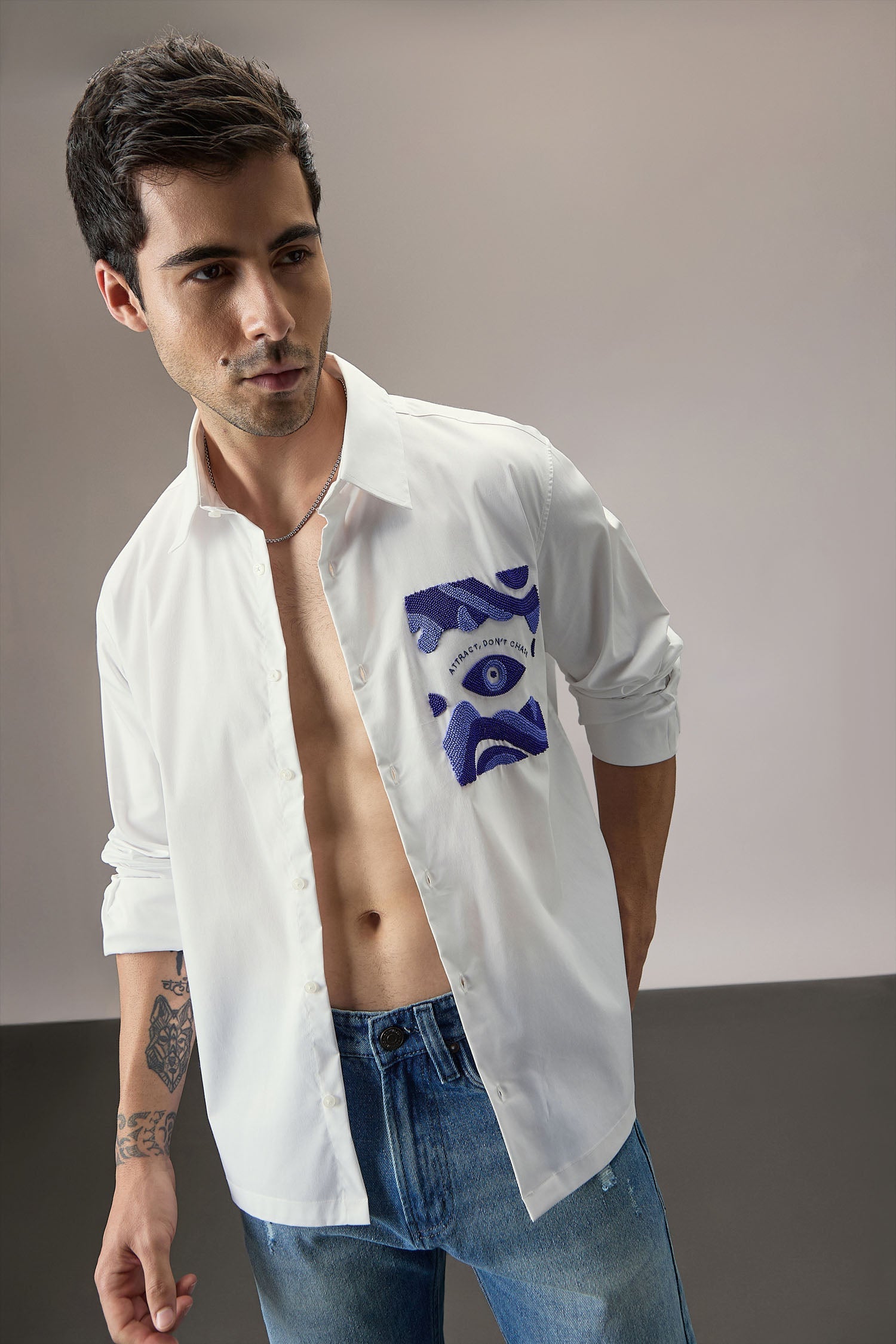 Attract Don‰۪t Chase - Hand Embroidered Designer Shirt - White