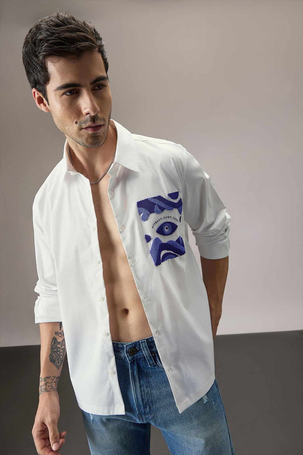 Attract Don‰۪t Chase - Hand Embroidered Designer Shirt - White
