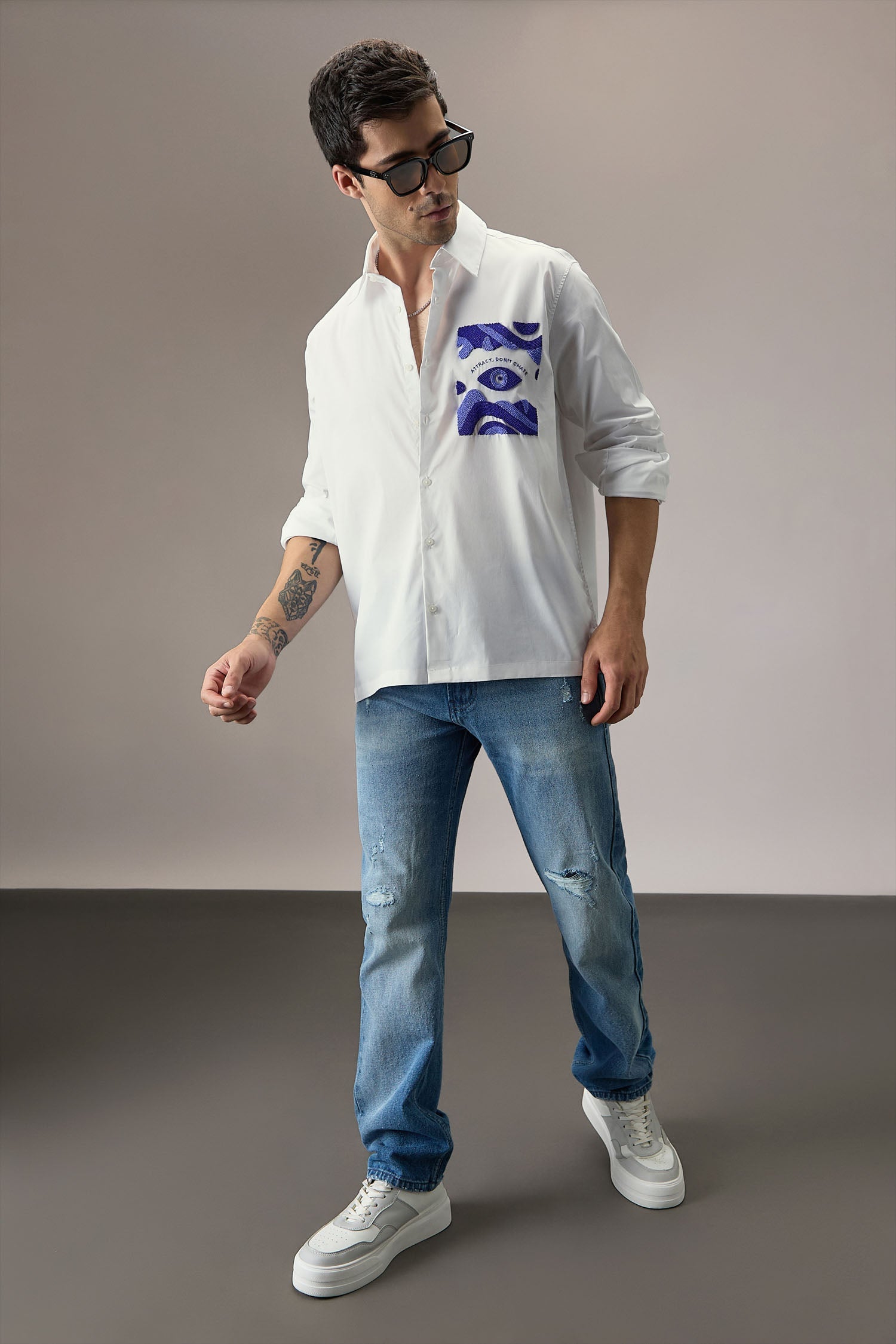 Attract Don‰۪t Chase - Hand Embroidered Designer Shirt - White