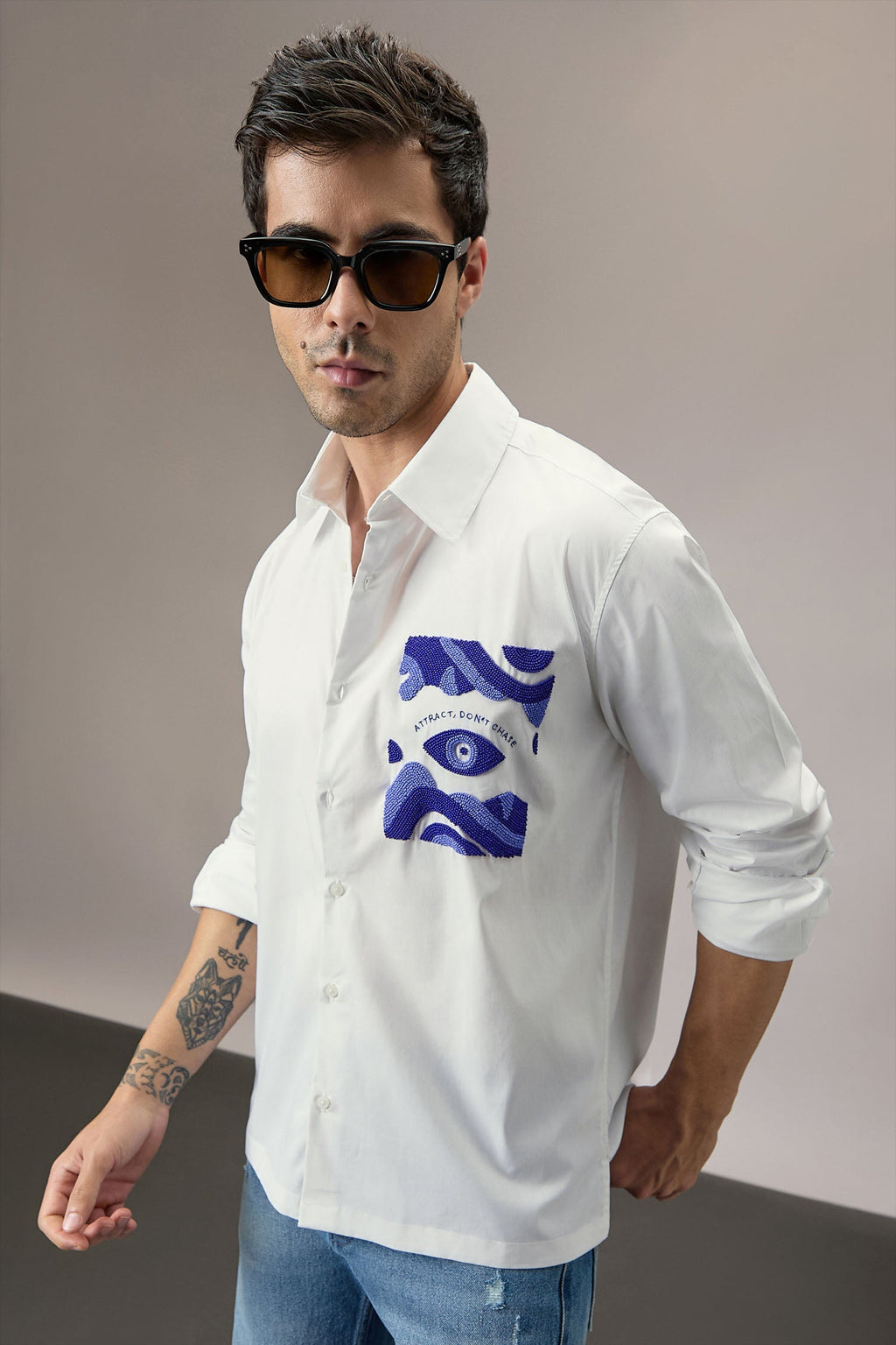 Attract Don‰۪t Chase - Hand Embroidered Designer Shirt - White