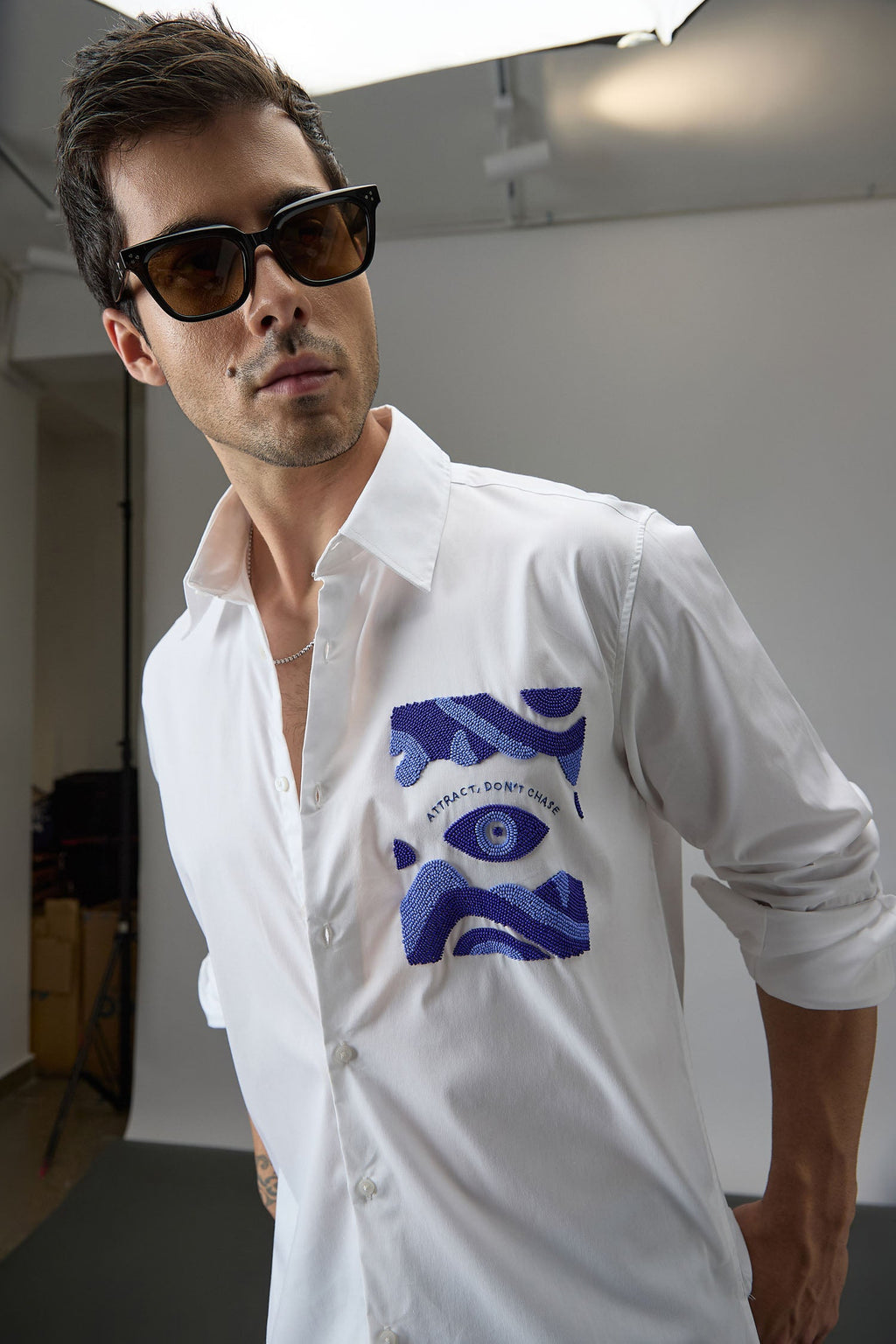 Attract Don‰۪t Chase - Hand Embroidered Designer Shirt - White