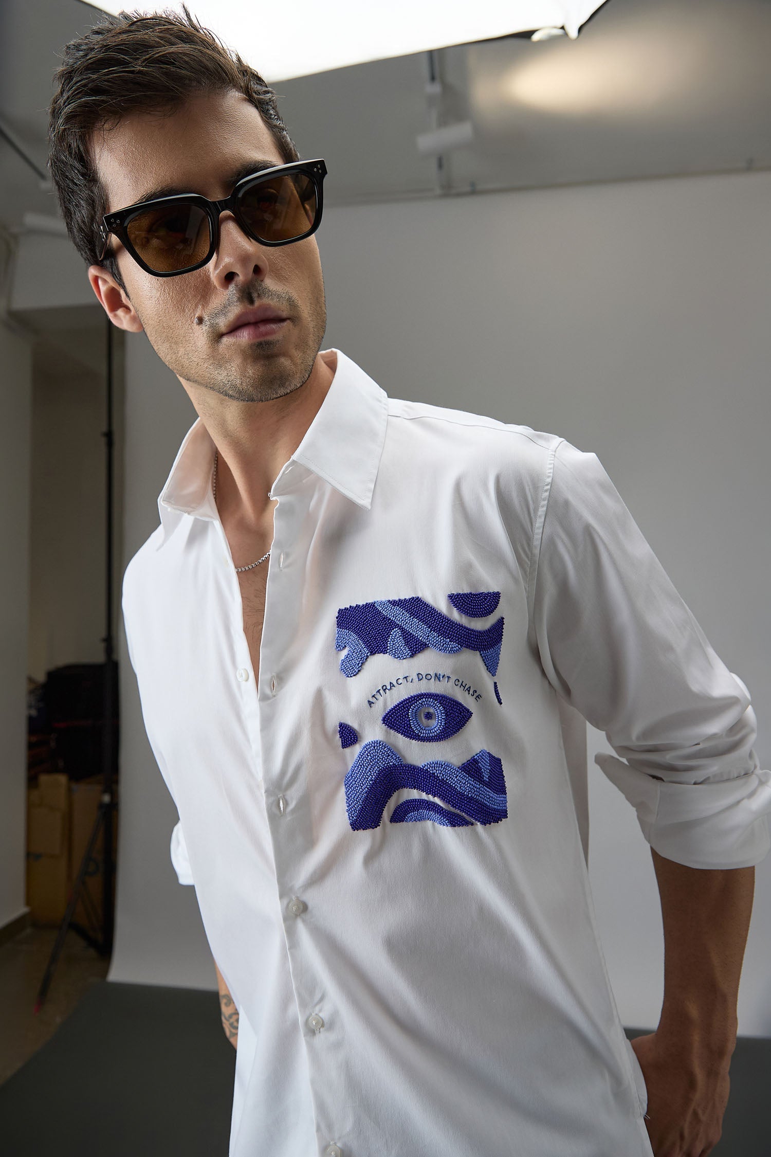 Attract Don‰۪t Chase - Hand Embroidered Designer Shirt - White