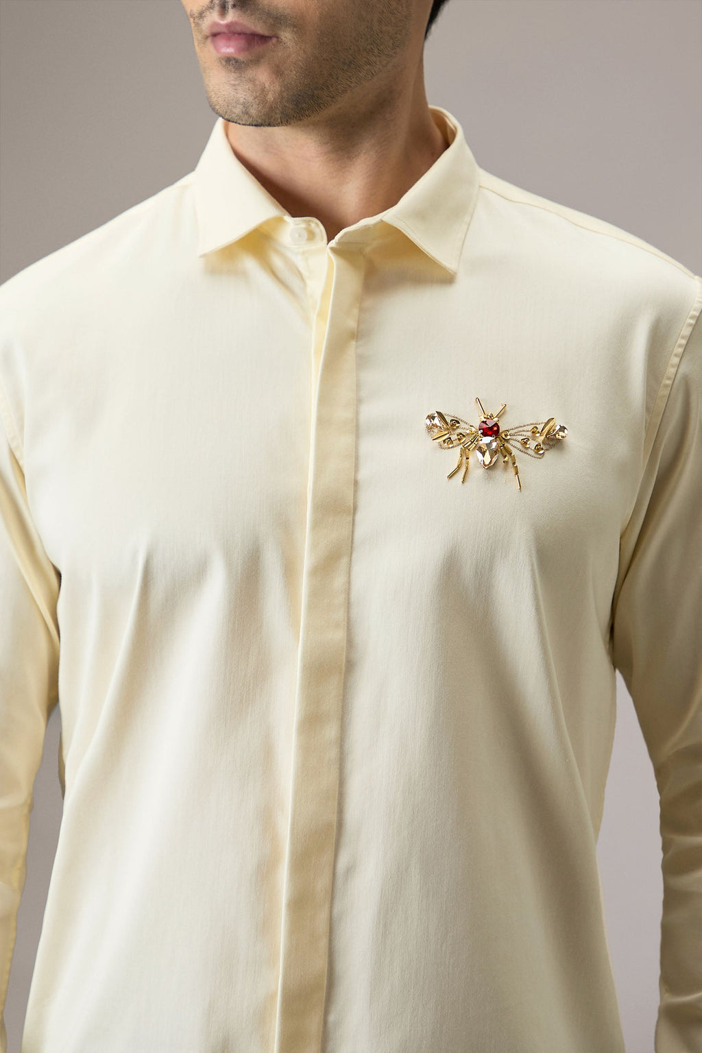 Wasp(Bee) Hand Embroidered Designer Shirt - Ivory