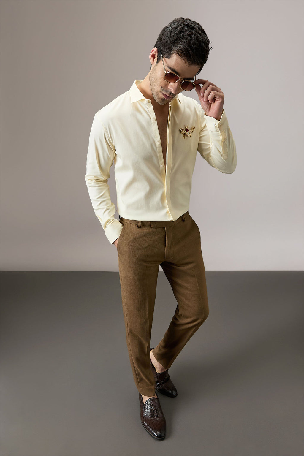 Wasp(Bee) Hand Embroidered Designer Shirt - Ivory