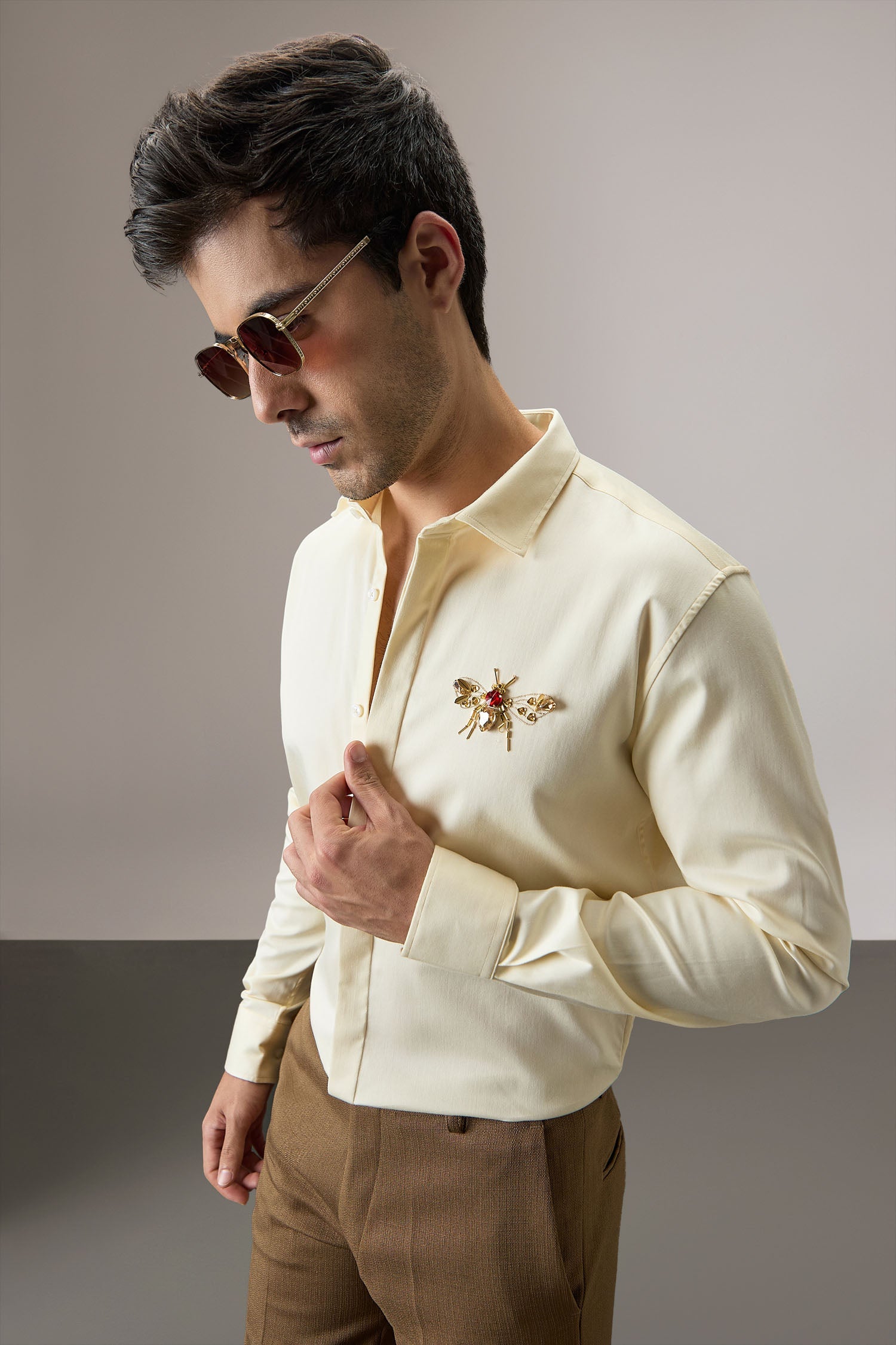Wasp(Bee) Hand Embroidered Designer Shirt - Ivory